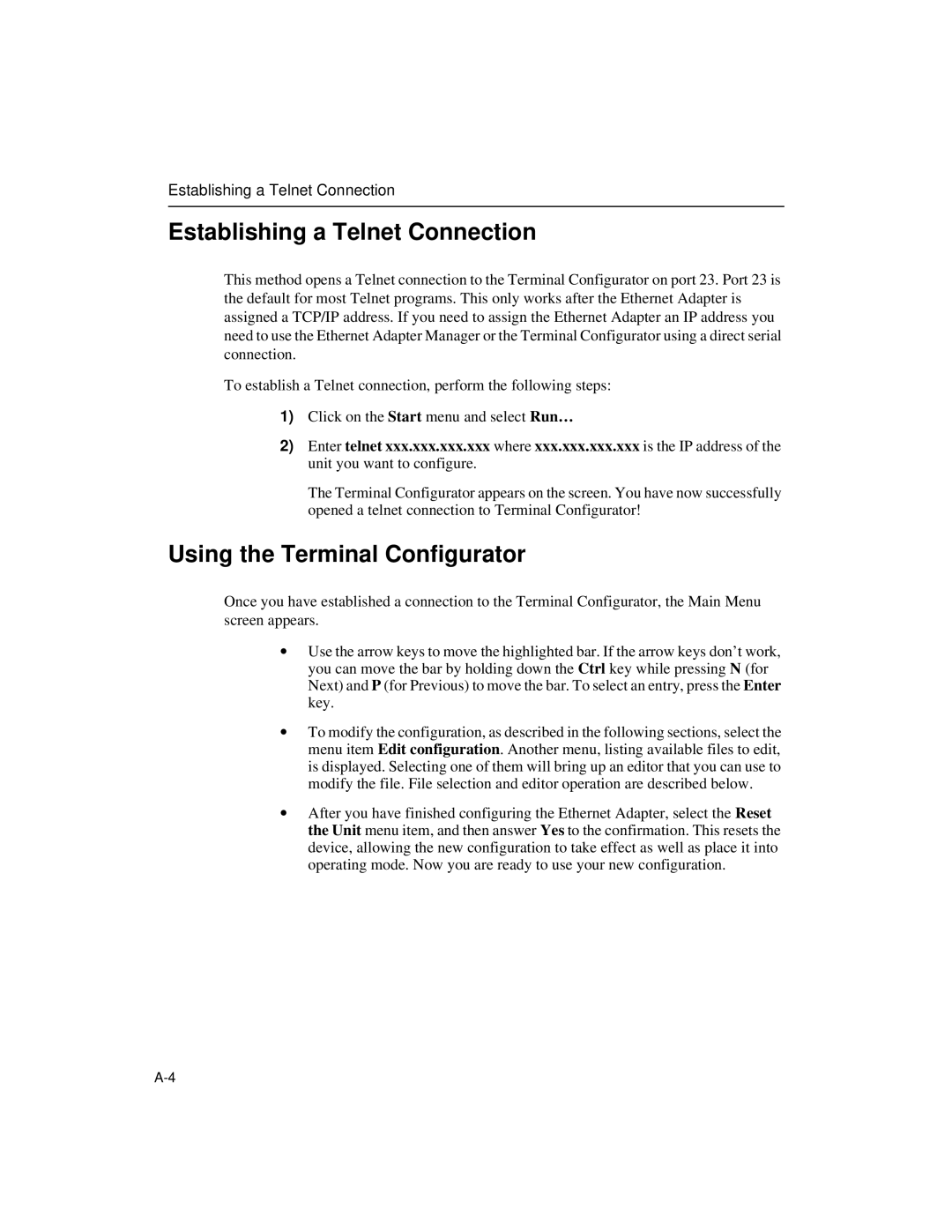 Enterasys Networks Wireless Ethernet Adapter I manual Establishing a Telnet Connection, Using the Terminal Configurator 