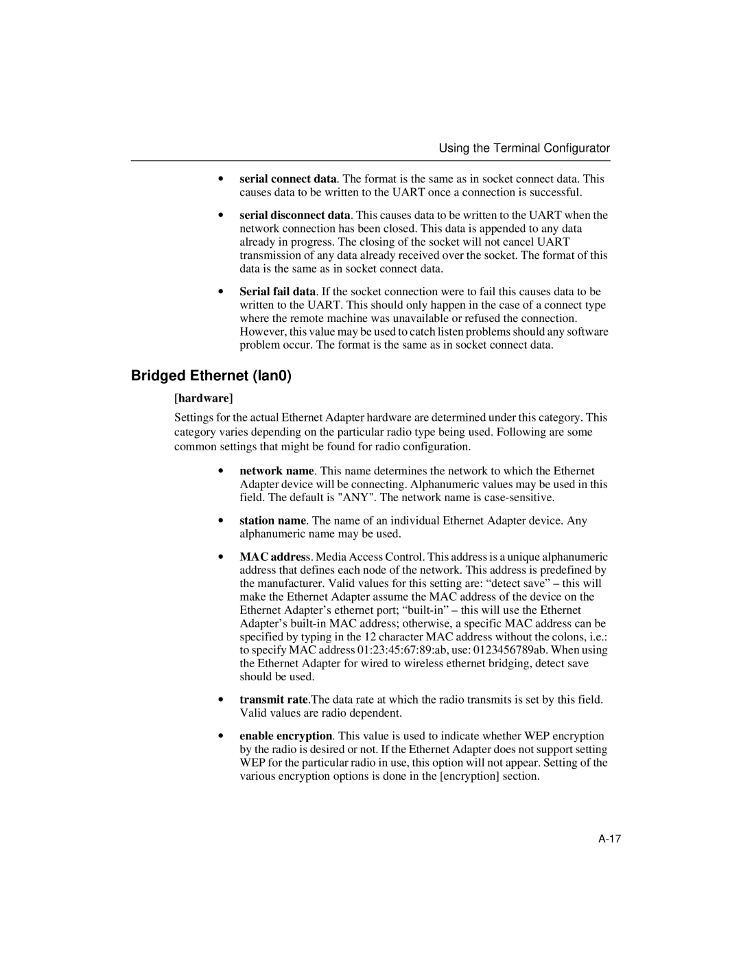 Enterasys Networks Wireless Ethernet Adapter I manual Bridged Ethernet lan0, Hardware 