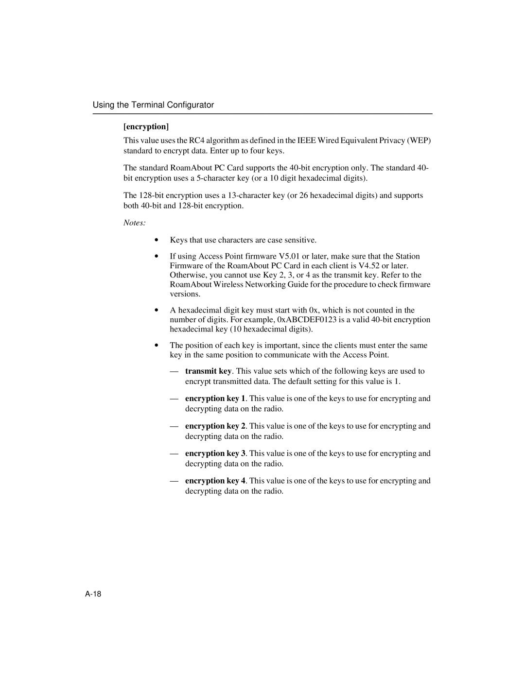 Enterasys Networks Wireless Ethernet Adapter I manual Encryption 