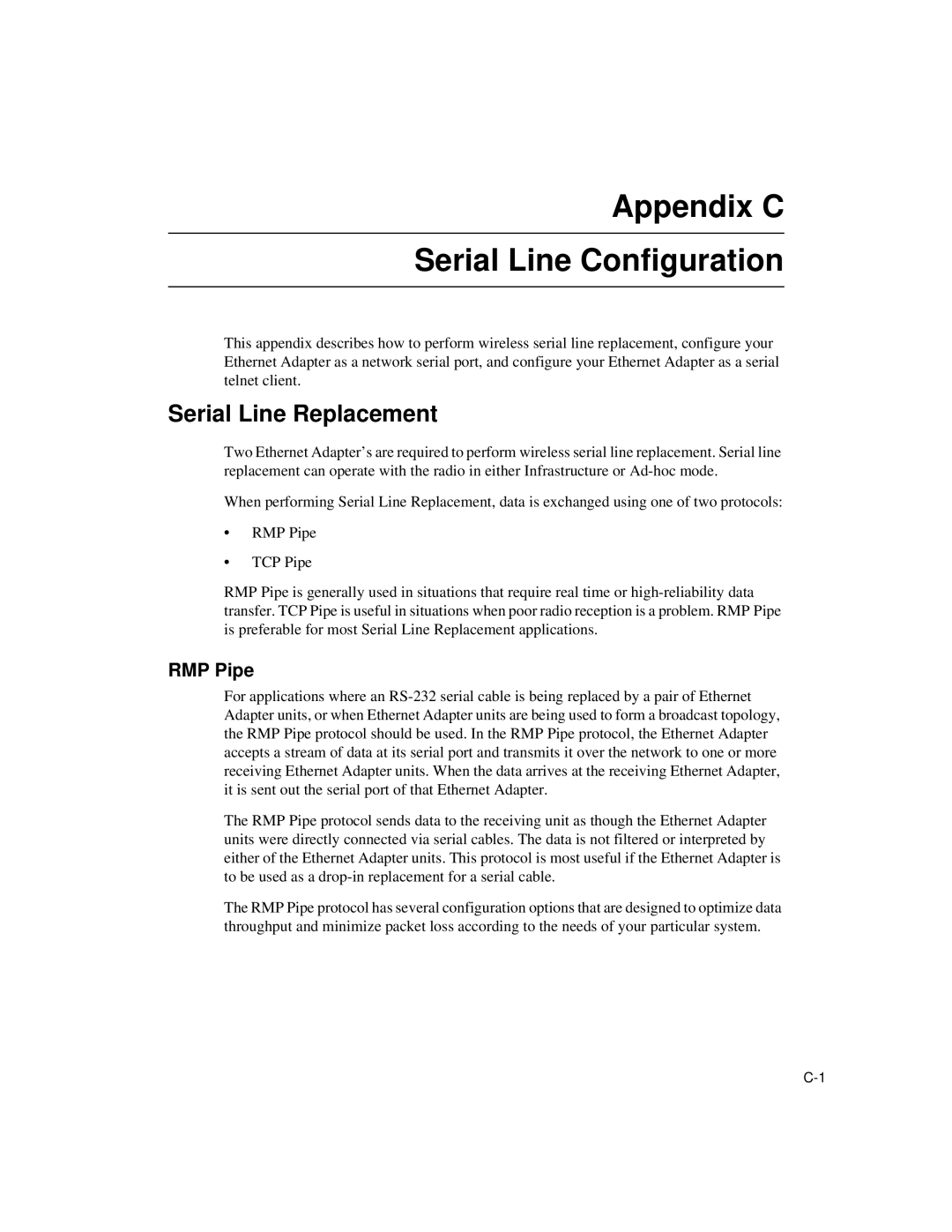 Enterasys Networks Wireless Ethernet Adapter I Appendix C Serial Line Configuration, Serial Line Replacement, RMP Pipe 