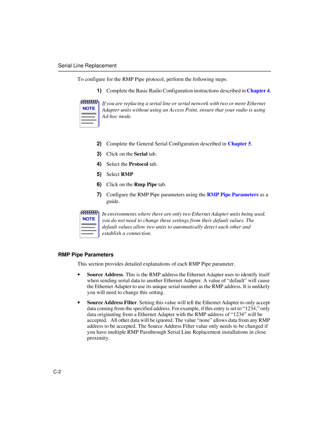 Enterasys Networks Wireless Ethernet Adapter I manual Serial Line Replacement, RMP Pipe Parameters 