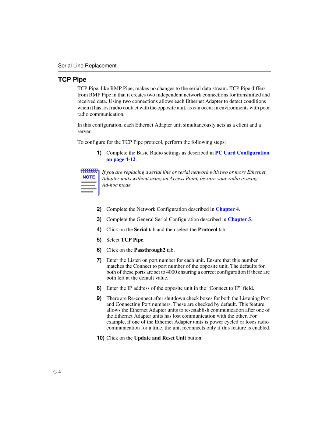 Enterasys Networks Wireless Ethernet Adapter I manual TCP Pipe, Click on the Update and Reset Unit button 