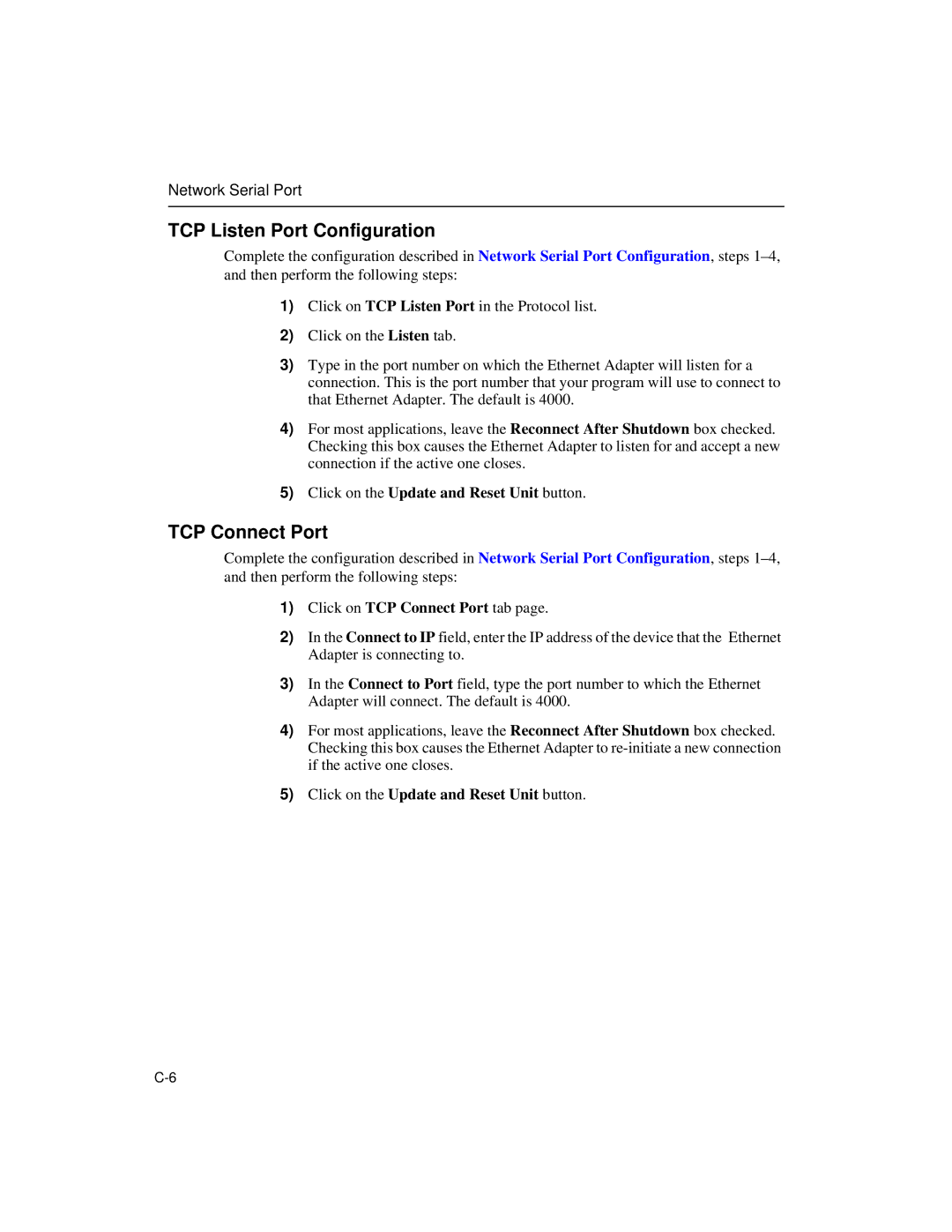 Enterasys Networks Wireless Ethernet Adapter I manual TCP Listen Port Configuration, TCP Connect Port 