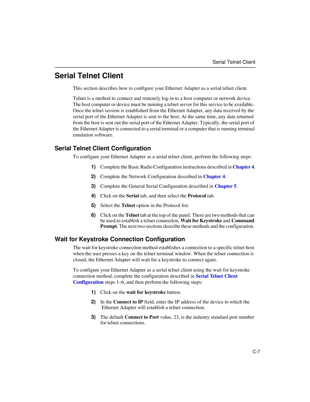 Enterasys Networks Wireless Ethernet Adapter I manual Serial Telnet Client Configuration 