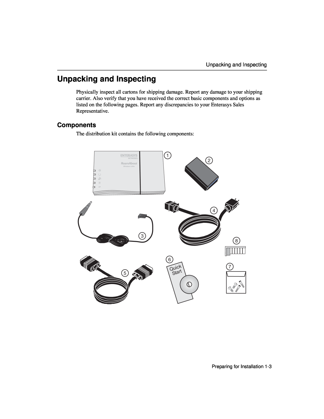 Enterasys Networks Wireless Ethernet Adapter I manual Unpacking and Inspecting, Components 