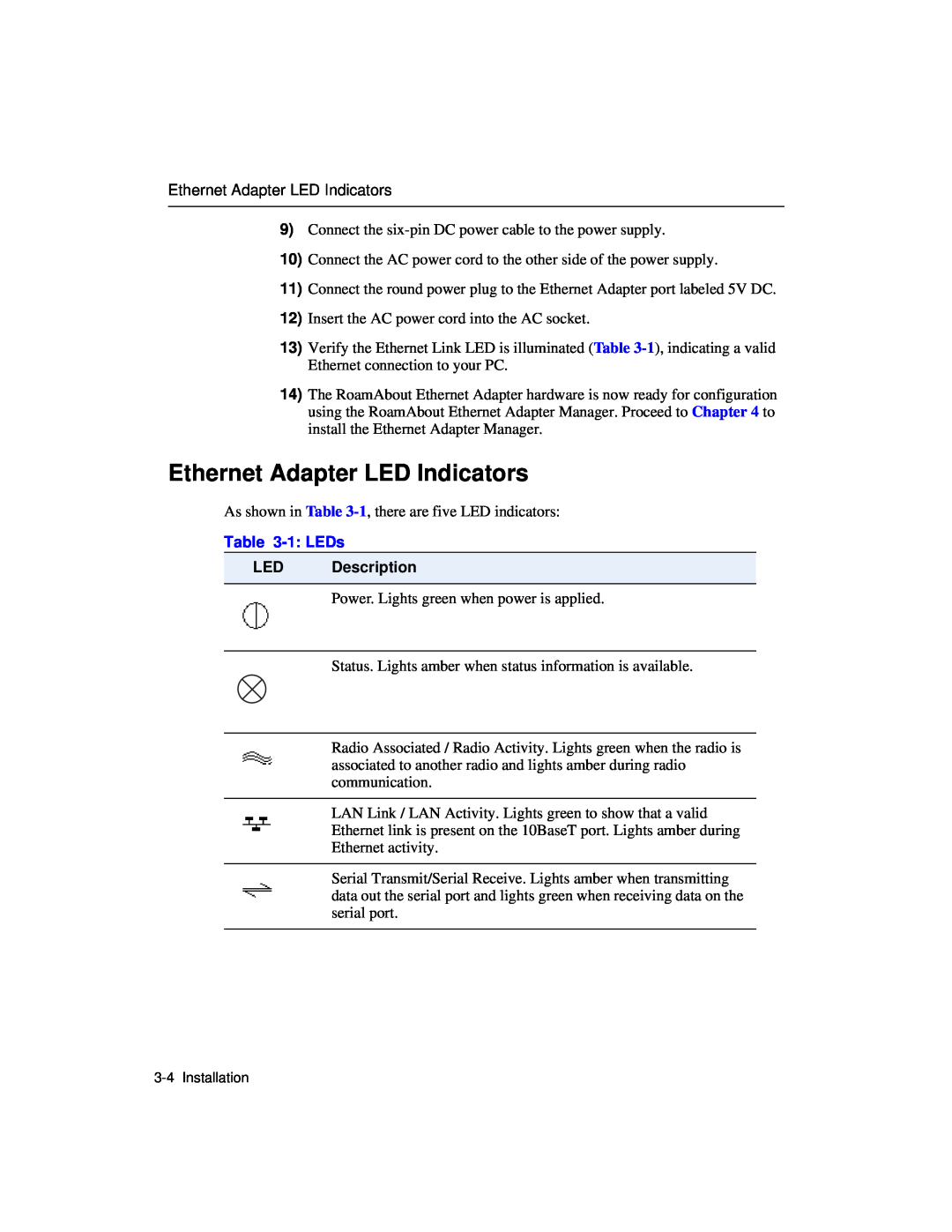 Enterasys Networks Wireless Ethernet Adapter I manual Ethernet Adapter LED Indicators, 1 LEDs, LED Description 