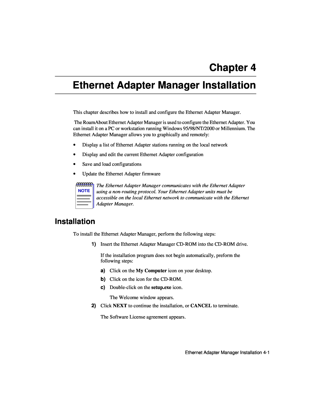 Enterasys Networks Wireless Ethernet Adapter I manual Chapter Ethernet Adapter Manager Installation 