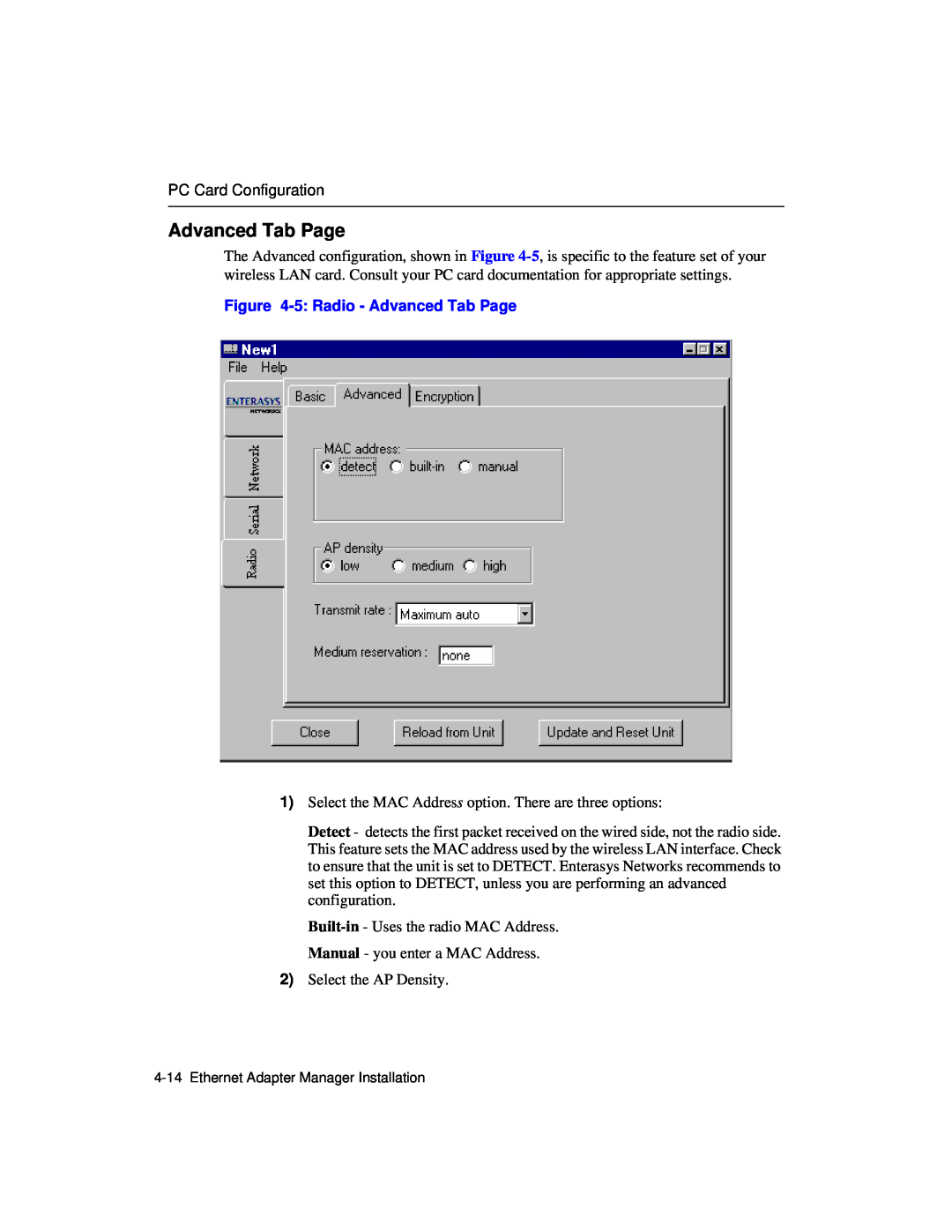 Enterasys Networks Wireless Ethernet Adapter I manual 5 Radio - Advanced Tab Page 