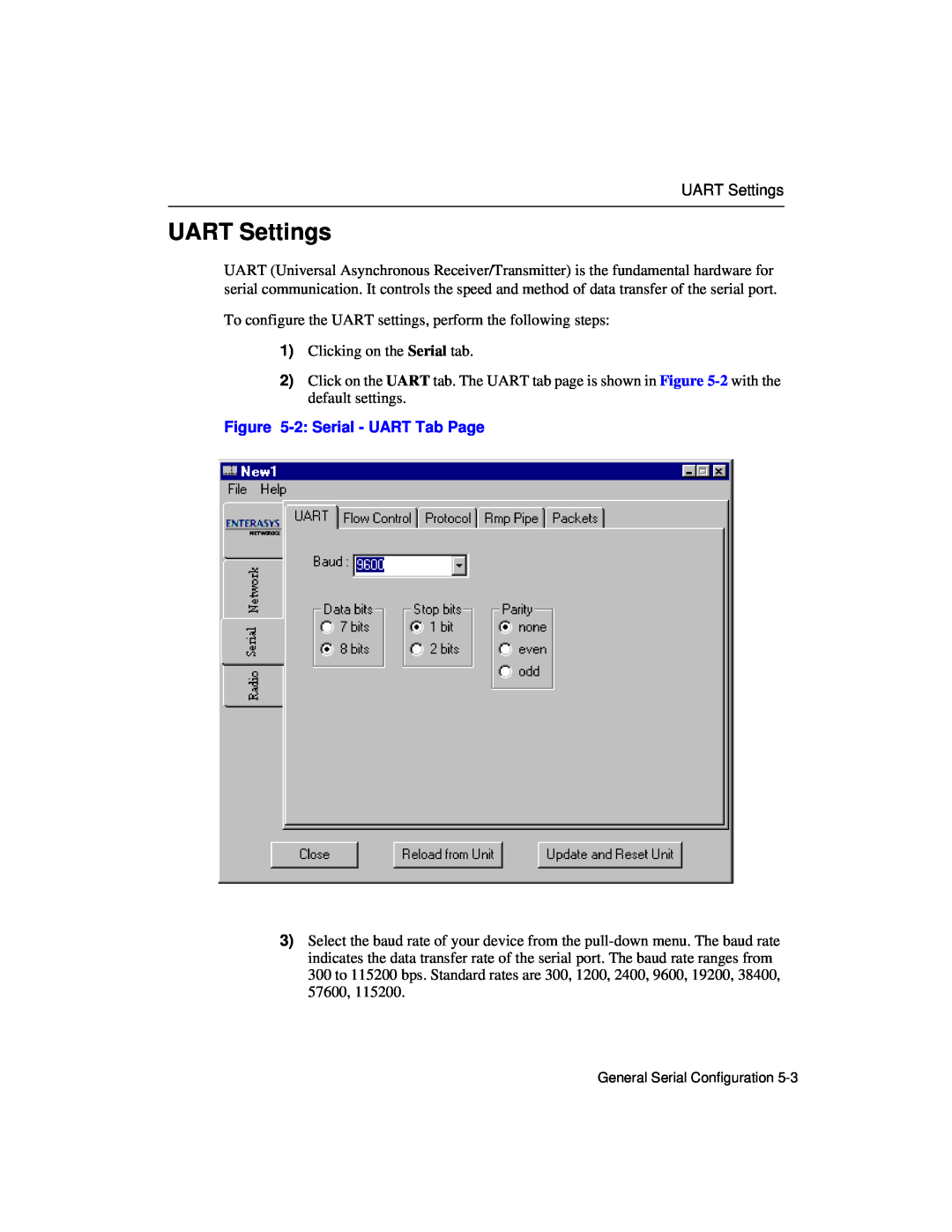 Enterasys Networks Wireless Ethernet Adapter I manual UART Settings, 2 Serial - UART Tab Page 