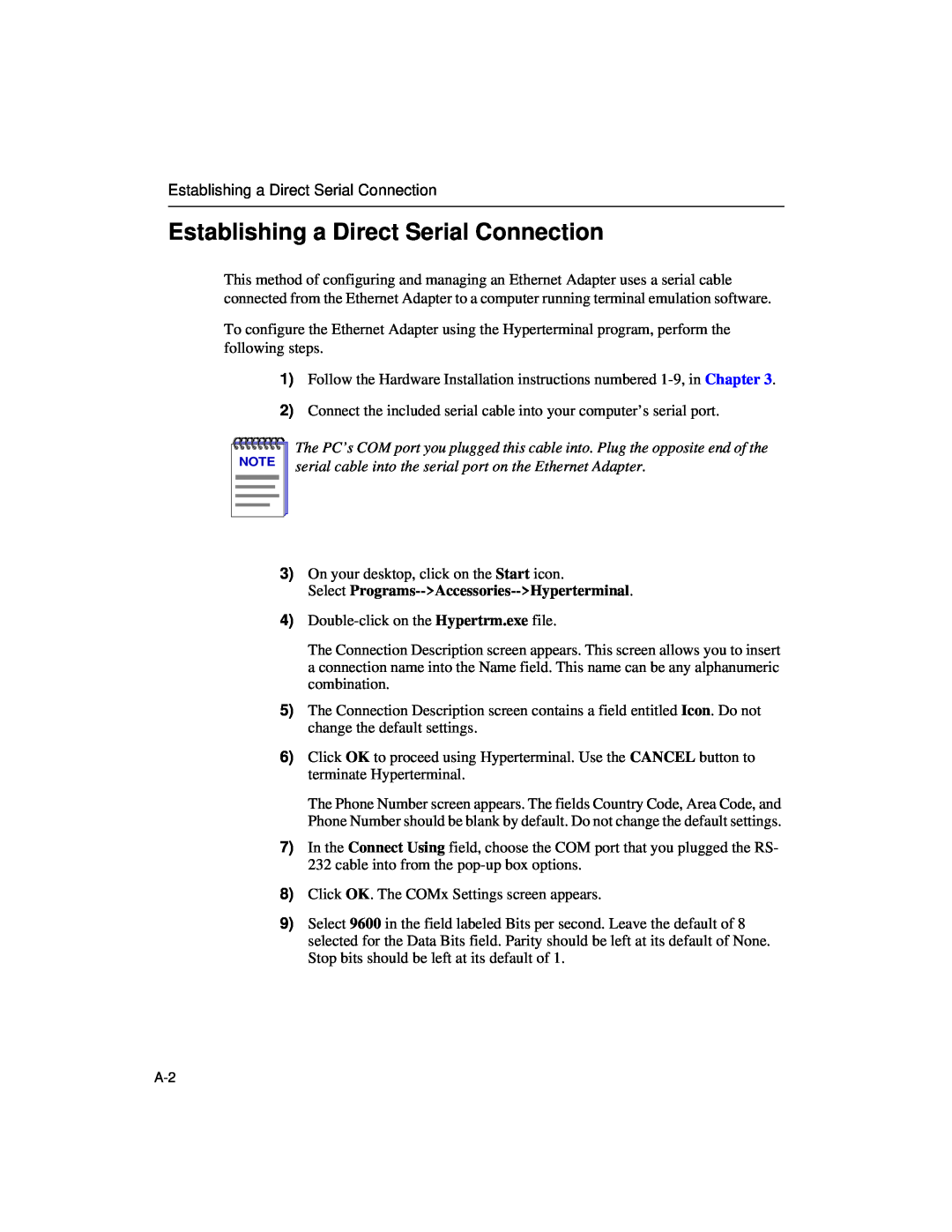 Enterasys Networks Wireless Ethernet Adapter I manual Establishing a Direct Serial Connection 