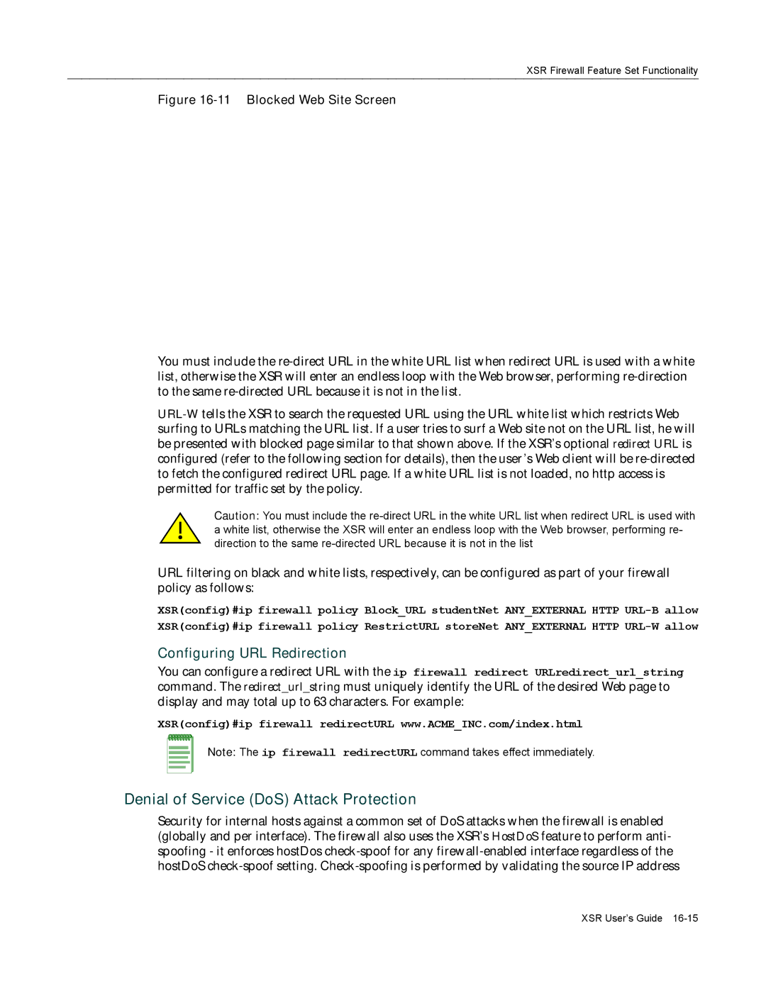 Enterasys Networks X-PeditionTM manual Denial of Service DoS Attack Protection, Configuring URL Redirection 