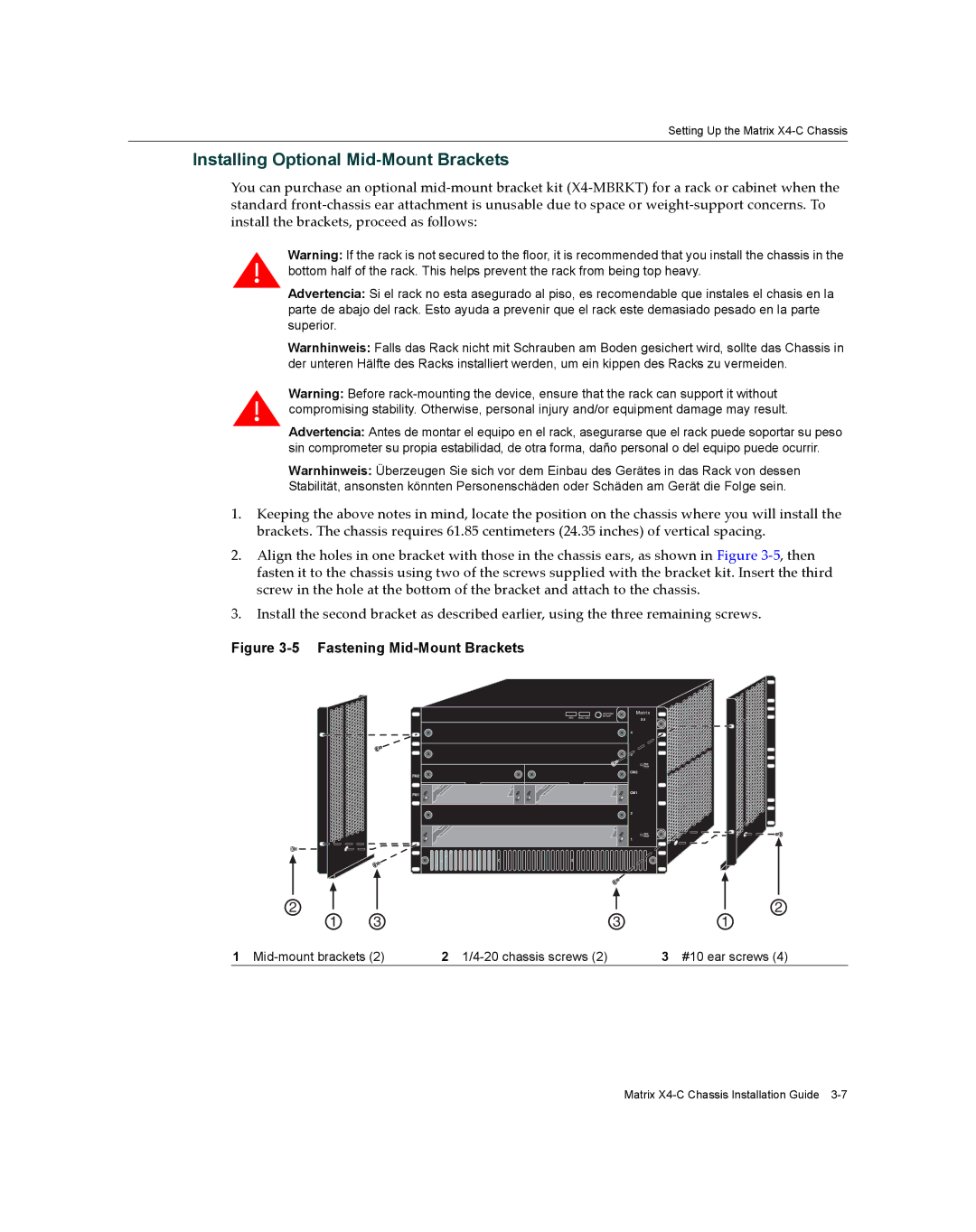 Enterasys Networks X009-U manual Installing Optional Mid-Mount Brackets, Fastening Mid-Mount Brackets 