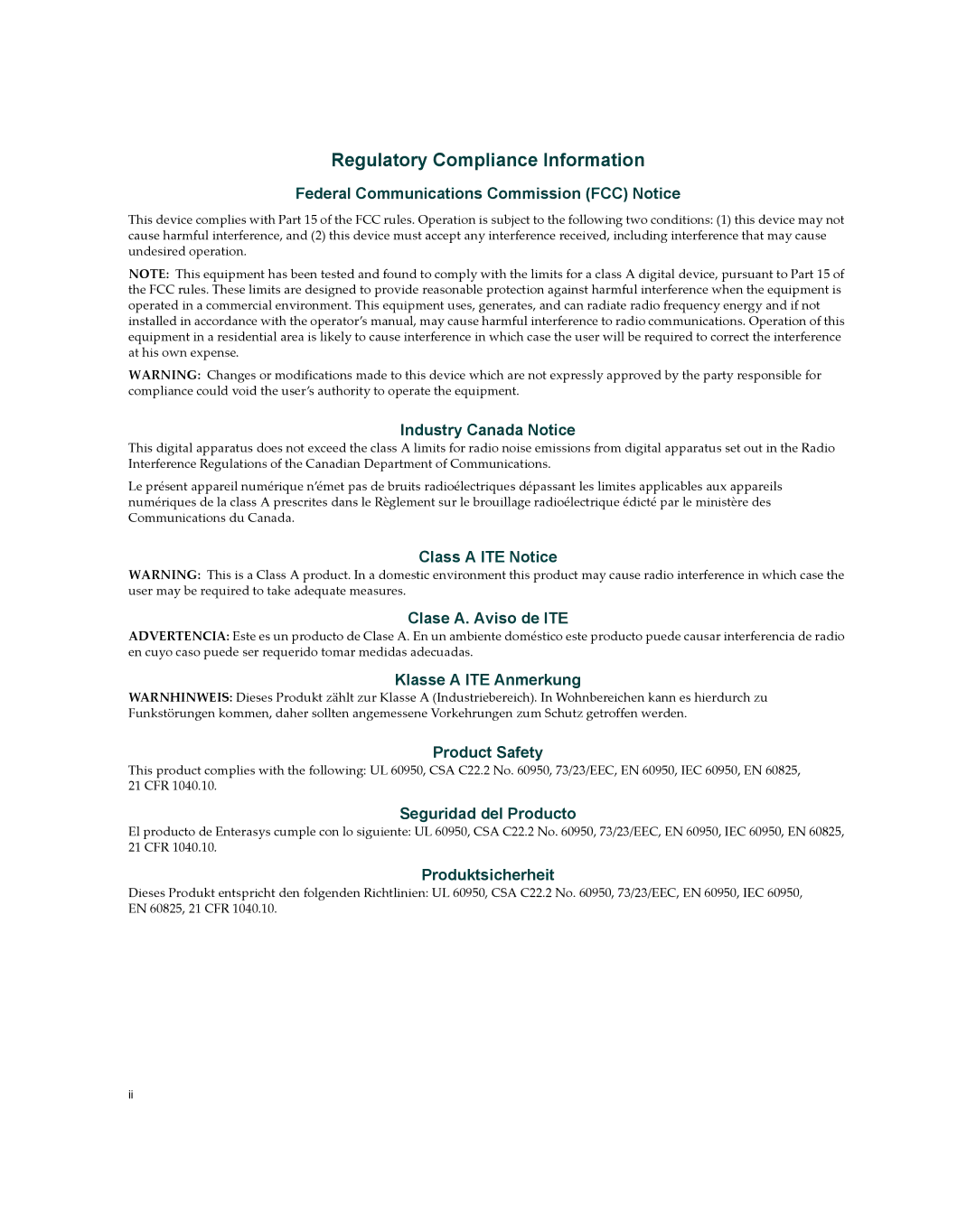 Enterasys Networks X009-U manual Regulatory Compliance Information 