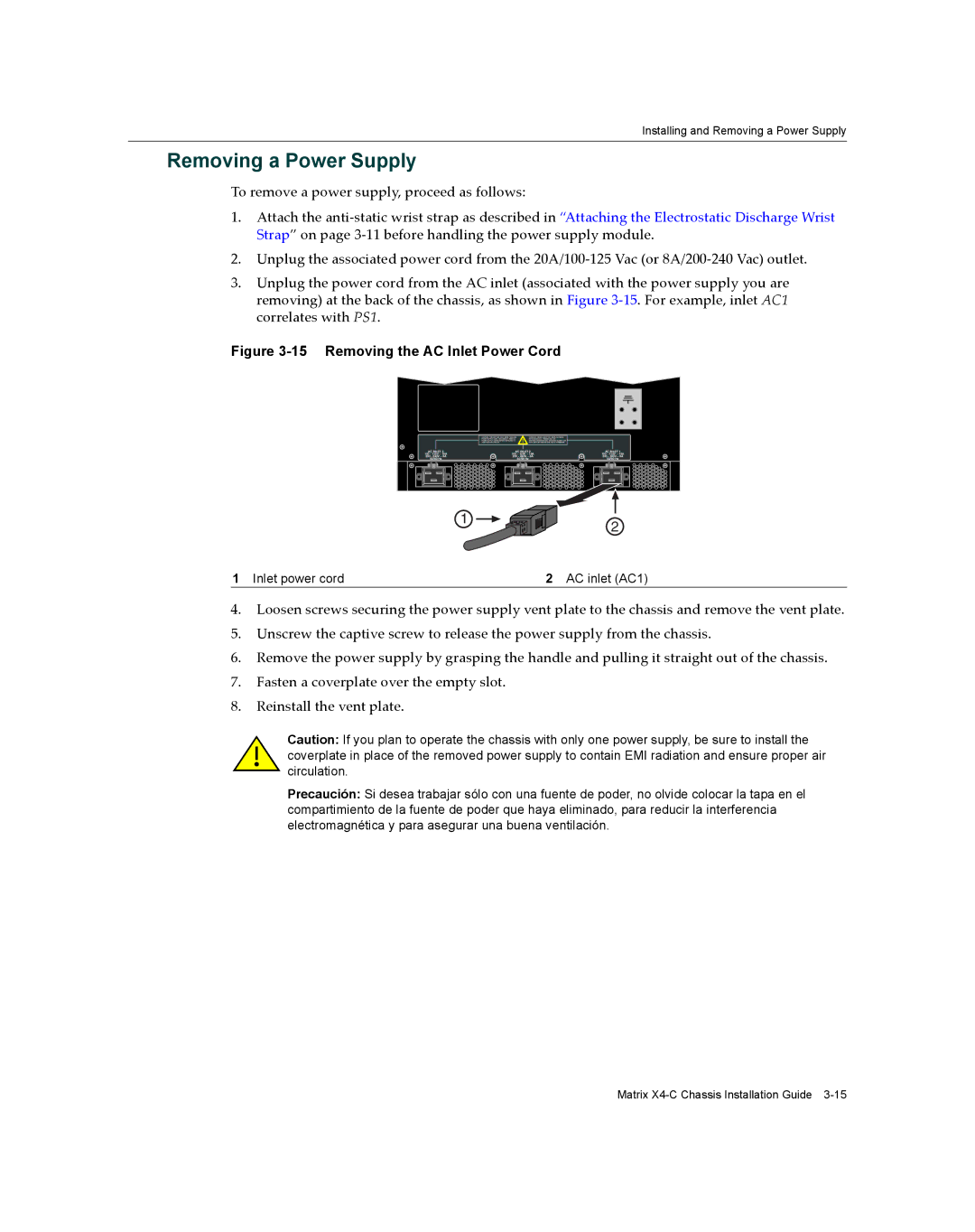 Enterasys Networks X009-U manual Removing a Power Supply, Inlet power cord AC inlet AC1 