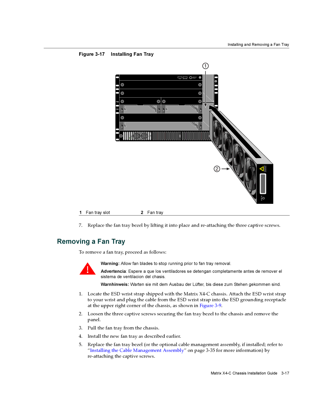 Enterasys Networks X009-U manual Removing a Fan Tray, Fan tray slot 