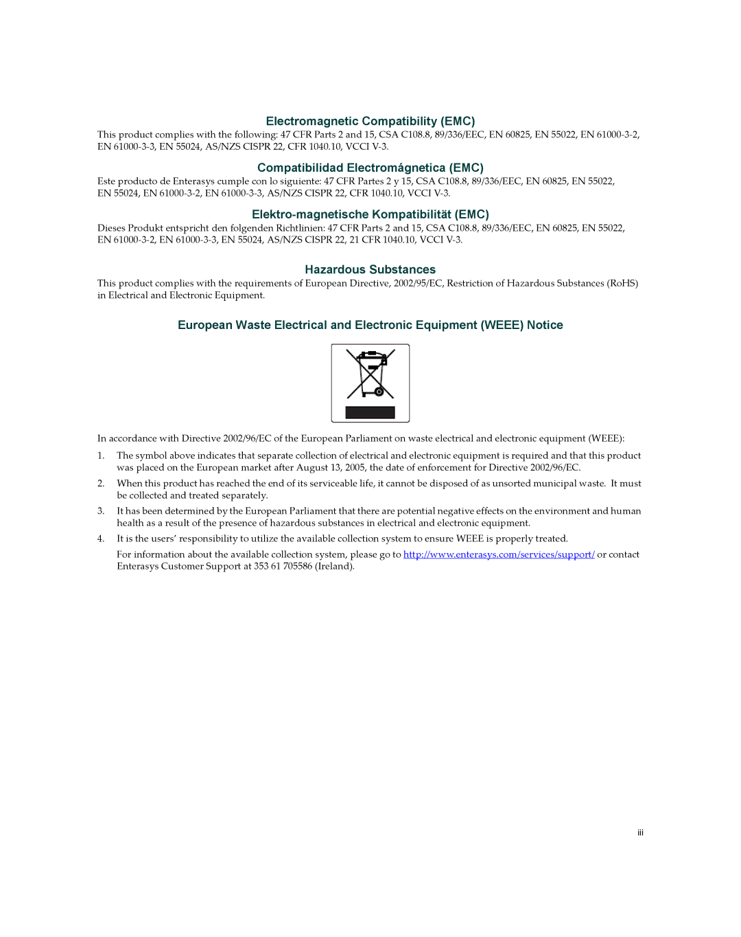 Enterasys Networks X009-U manual Electromagnetic Compatibility EMC 