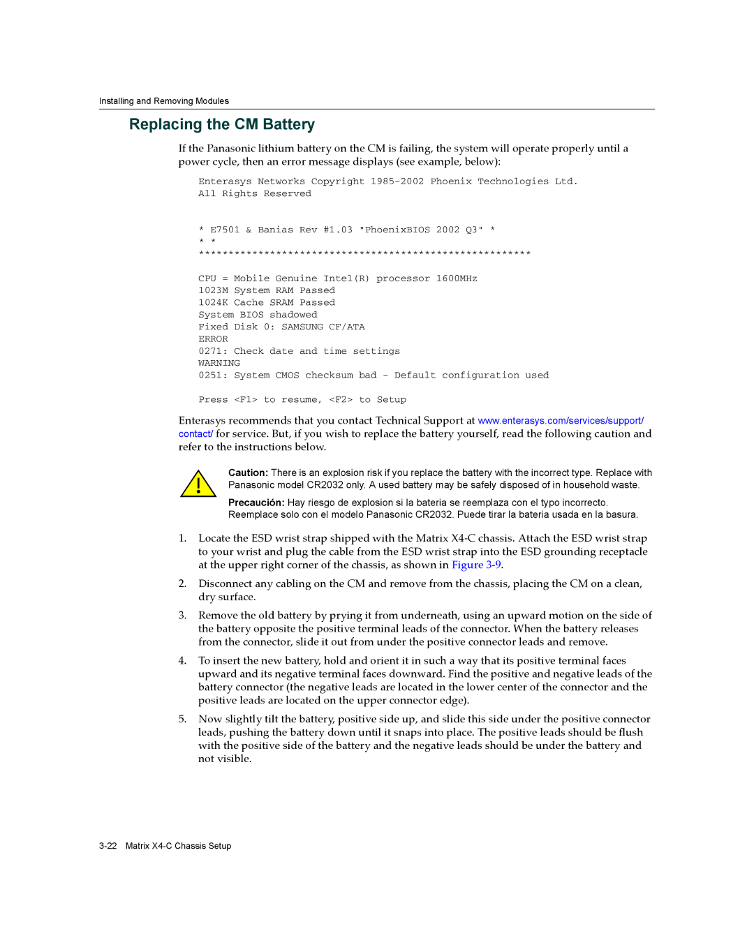 Enterasys Networks X009-U manual Replacing the CM Battery 