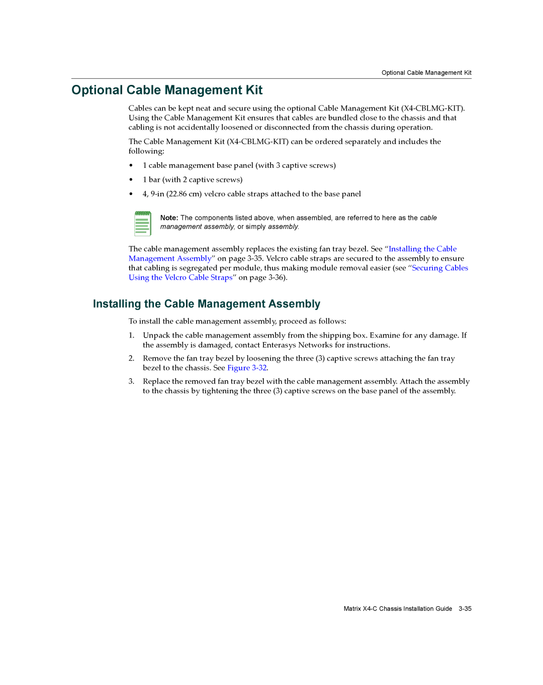 Enterasys Networks X009-U manual Optional Cable Management Kit, Installing the Cable Management Assembly 