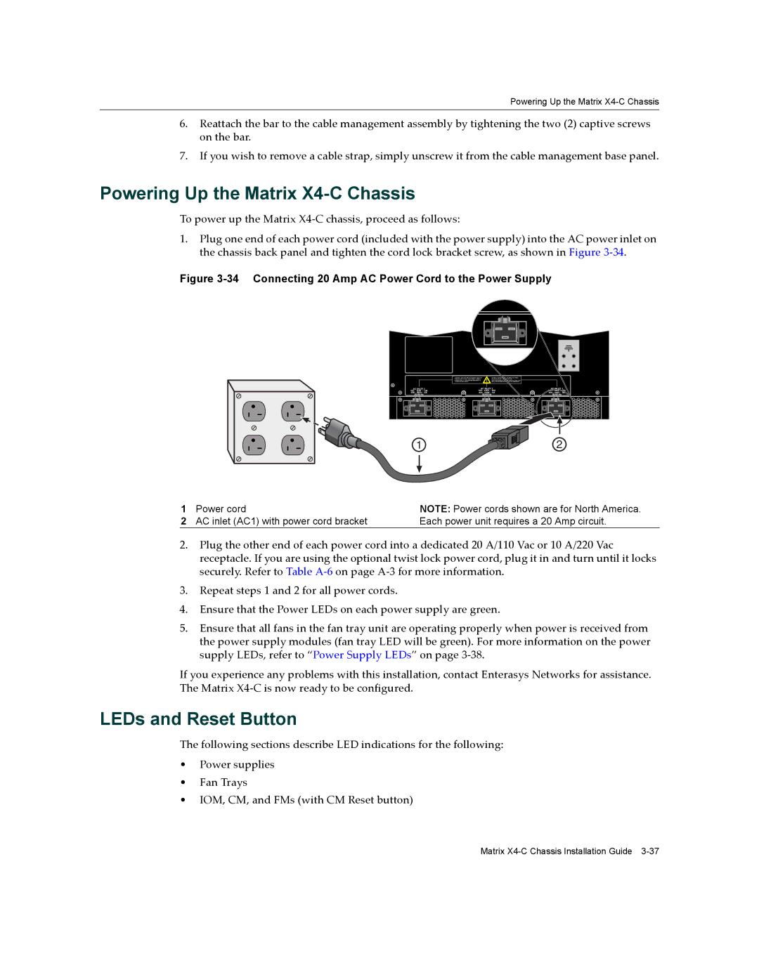 Enterasys Networks X009-U manual Powering Up the Matrix X4-C Chassis, LEDs and Reset Button 