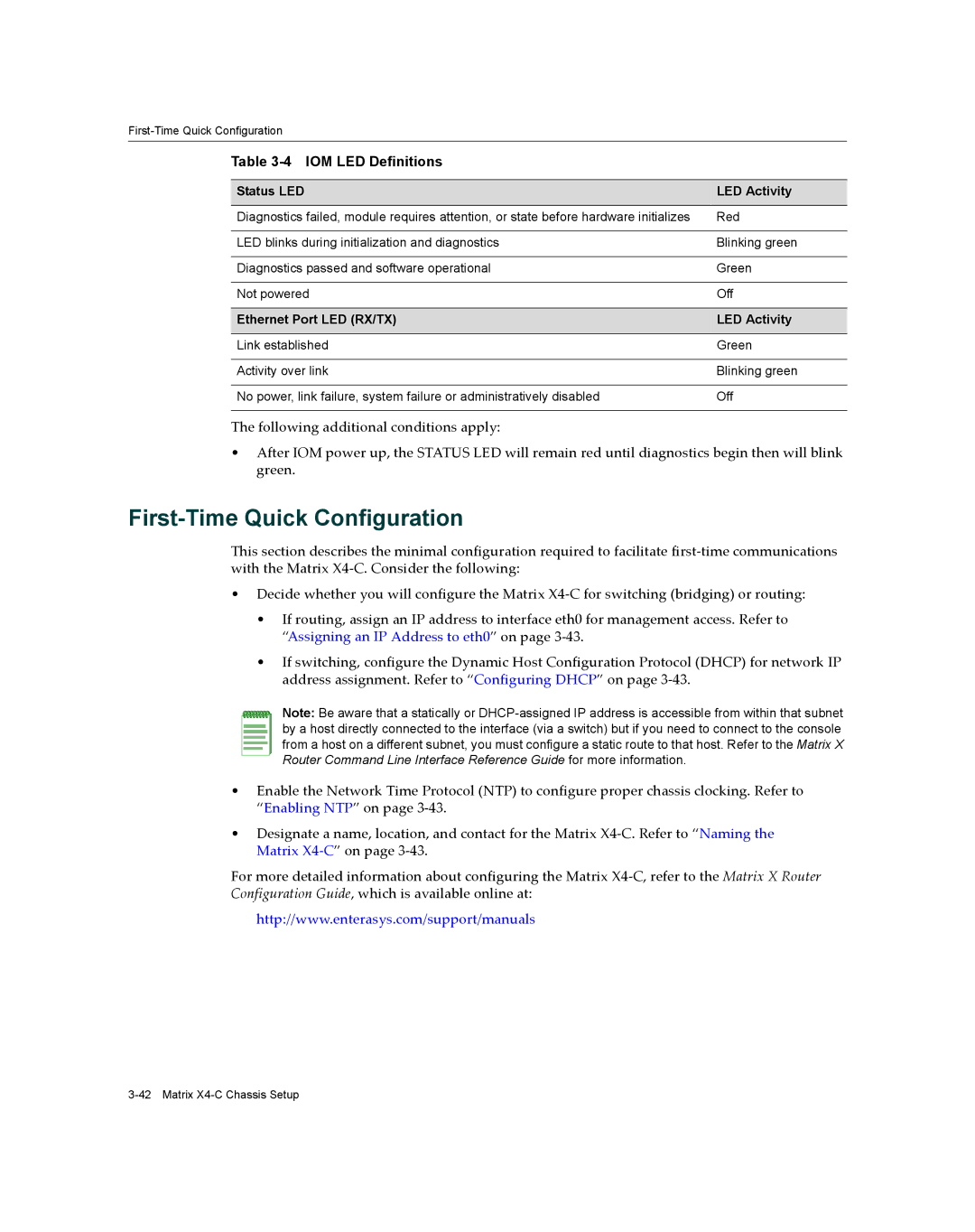 Enterasys Networks X009-U manual First-Time Quick Configuration, IOM LED Definitions, Status LED LED Activity 