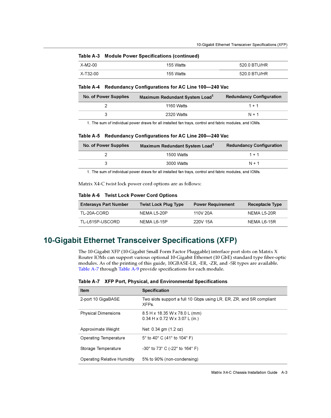 Enterasys Networks X009-U manual Gigabit Ethernet Transceiver Specifications XFP, Module Power Specifications 