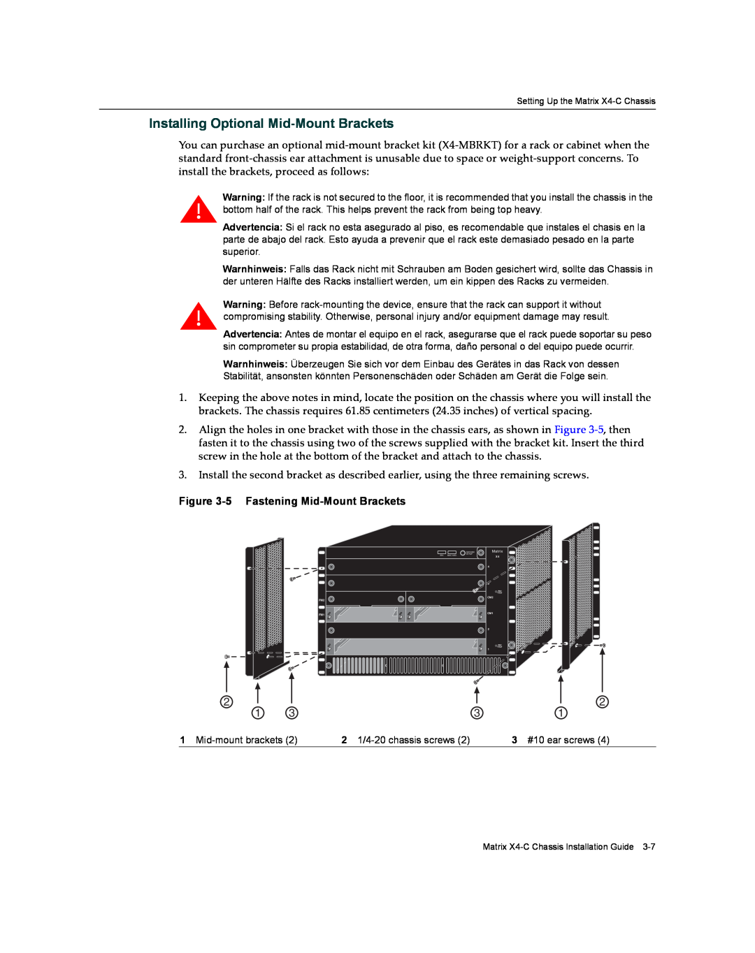Enterasys Networks X009-U manual Installing Optional Mid-Mount Brackets, 5 Fastening Mid-Mount Brackets 