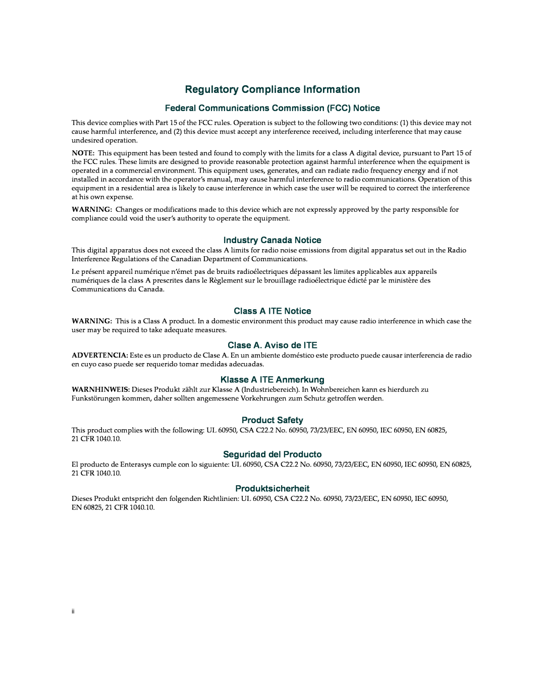 Enterasys Networks X009-U Regulatory Compliance Information, Federal Communications Commission FCC Notice, Product Safety 