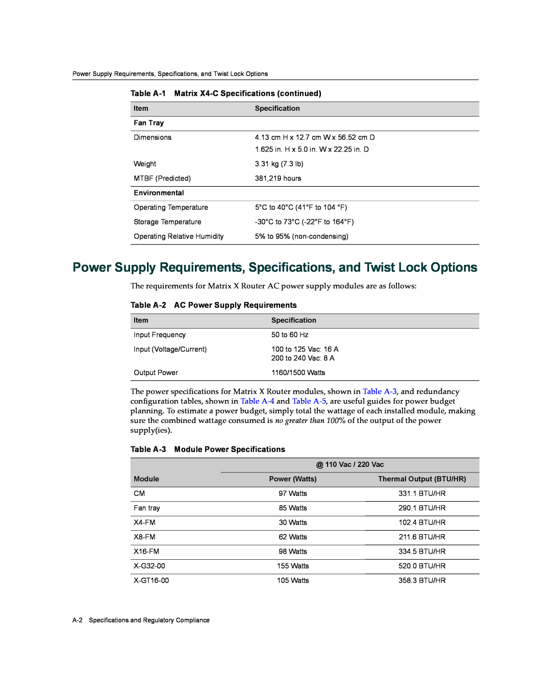 Enterasys Networks X009-U manual Power Supply Requirements, Specifications, and Twist Lock Options 