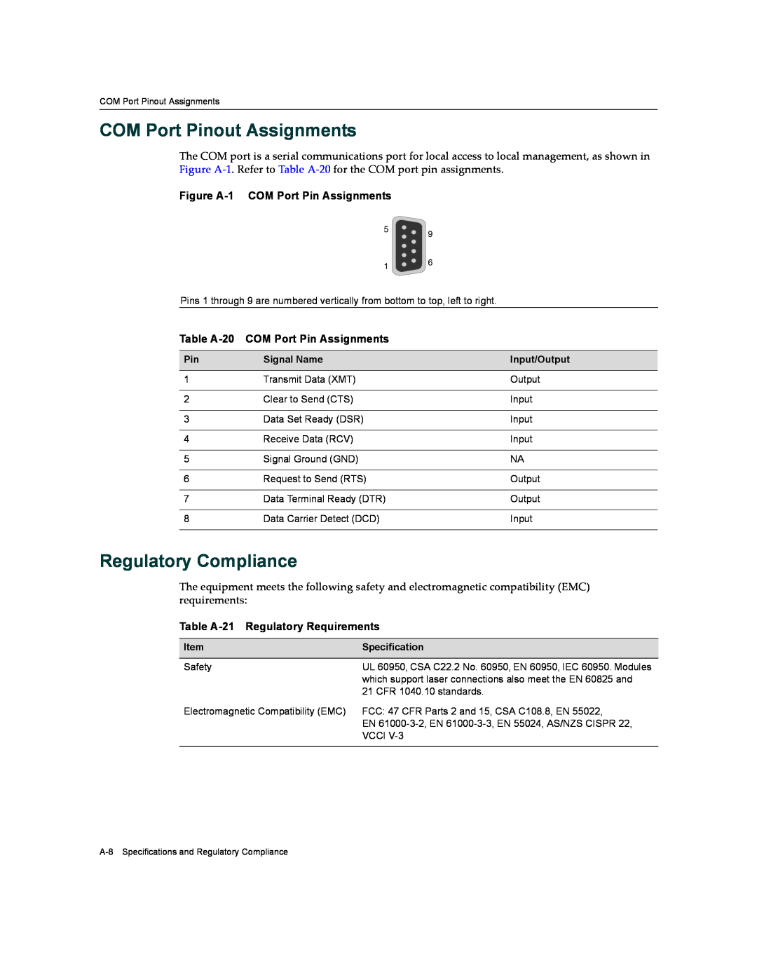Enterasys Networks X009-U manual COM Port Pinout Assignments, Regulatory Compliance, Figure A-1 COM Port Pin Assignments 