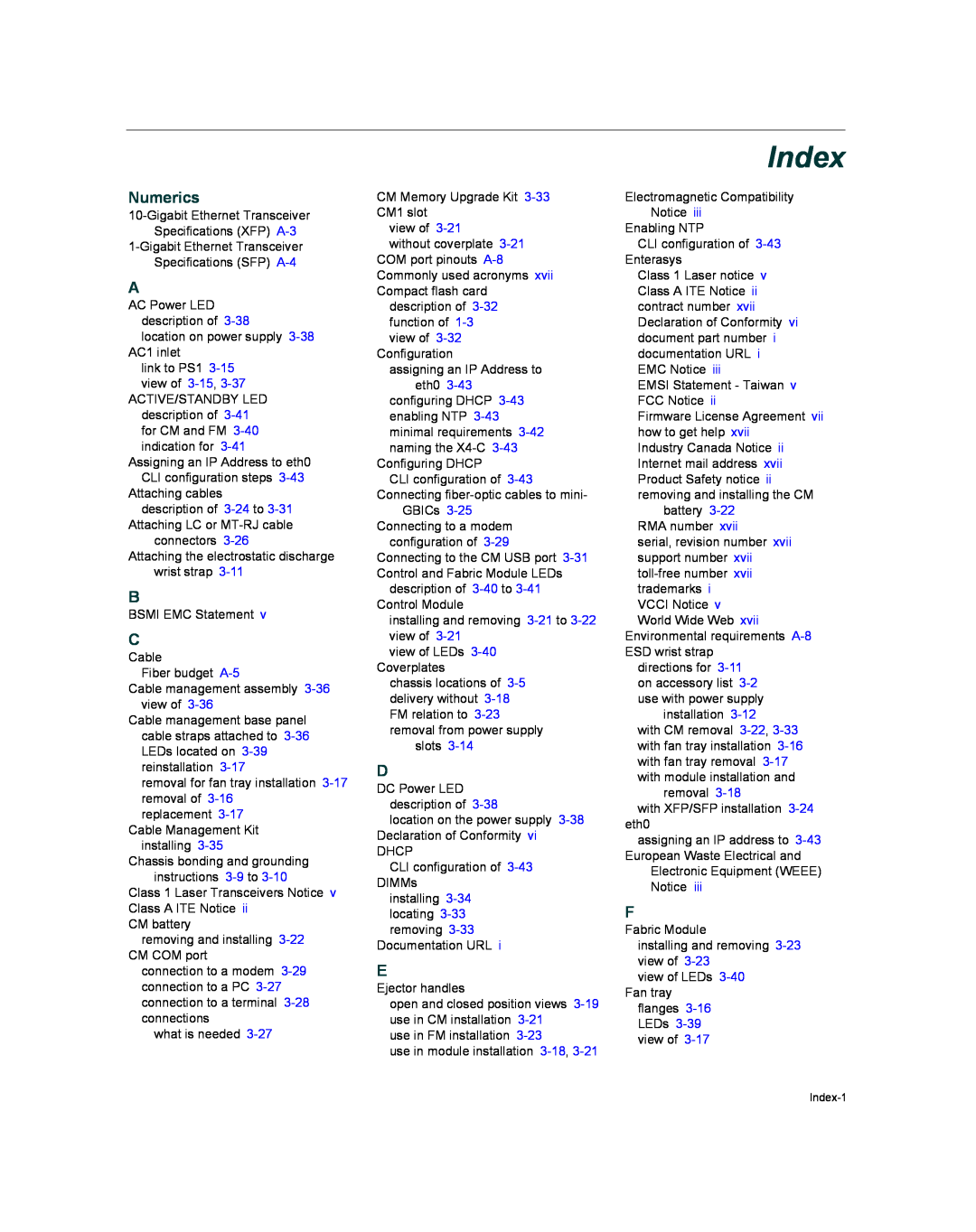 Enterasys Networks X009-U manual Index, Numerics 