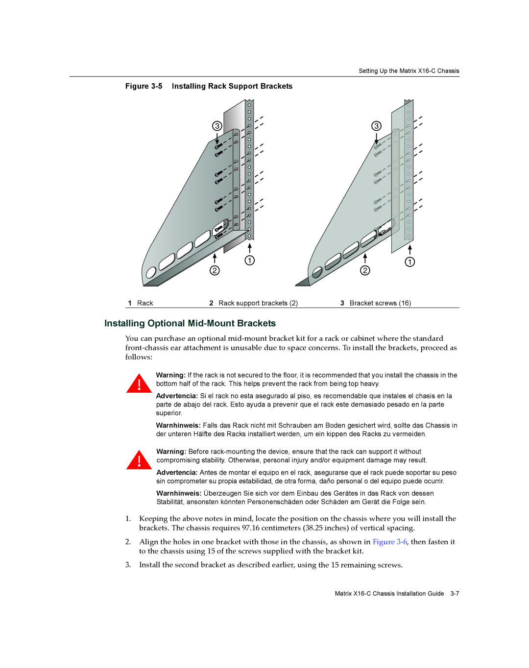 Enterasys Networks X16-C manual Installing Optional Mid-Mount Brackets, Rack Rack support brackets Bracket screws 