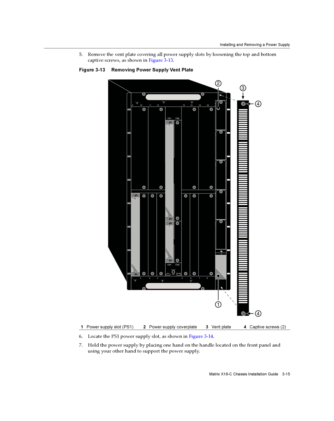 Enterasys Networks X16-C manual Removing Power Supply Vent Plate, Power supply slot PS1 Power supply coverplate Vent plate 