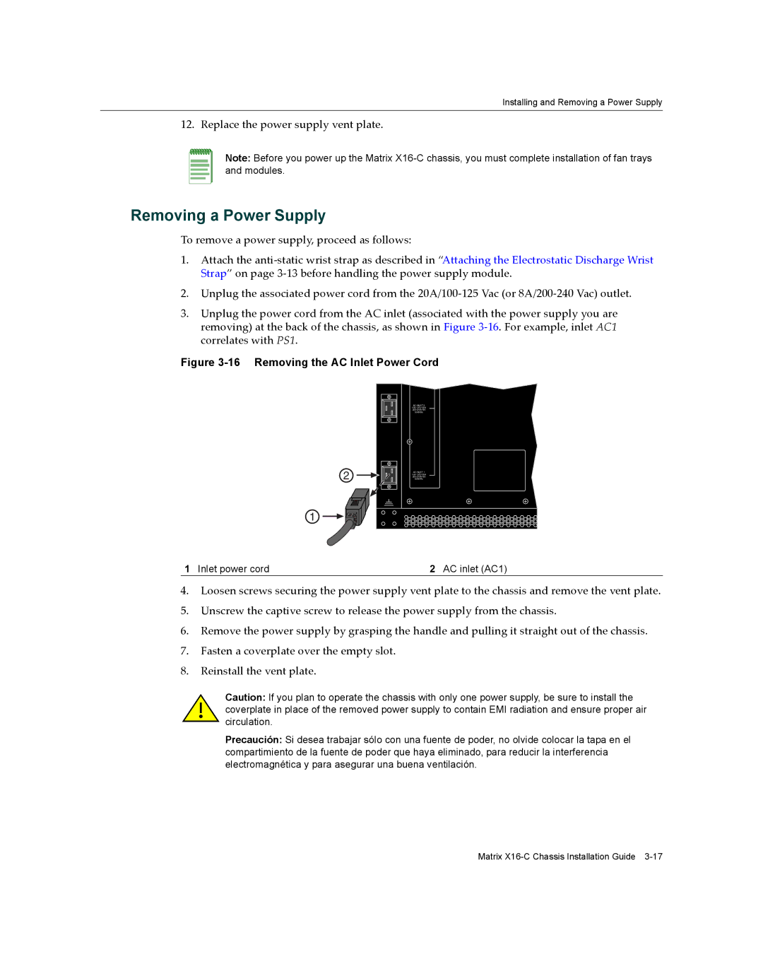 Enterasys Networks X16-C manual Removing a Power Supply, Inlet power cord AC inlet AC1 