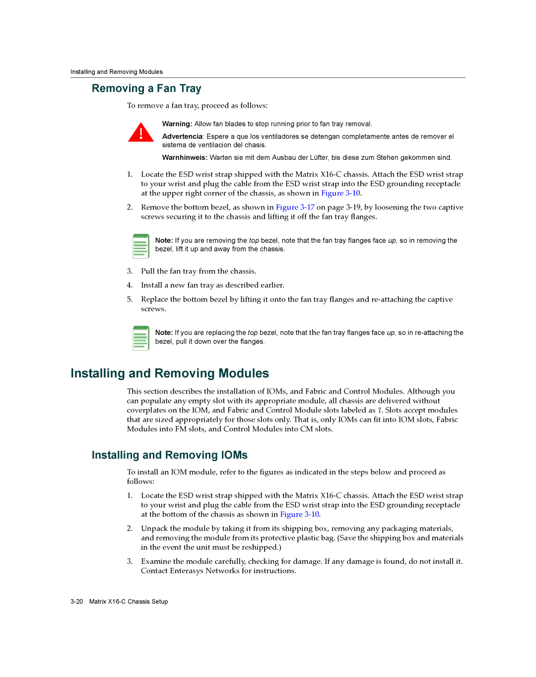 Enterasys Networks X16-C manual Installing and Removing Modules, Removing a Fan Tray, Installing and Removing IOMs 