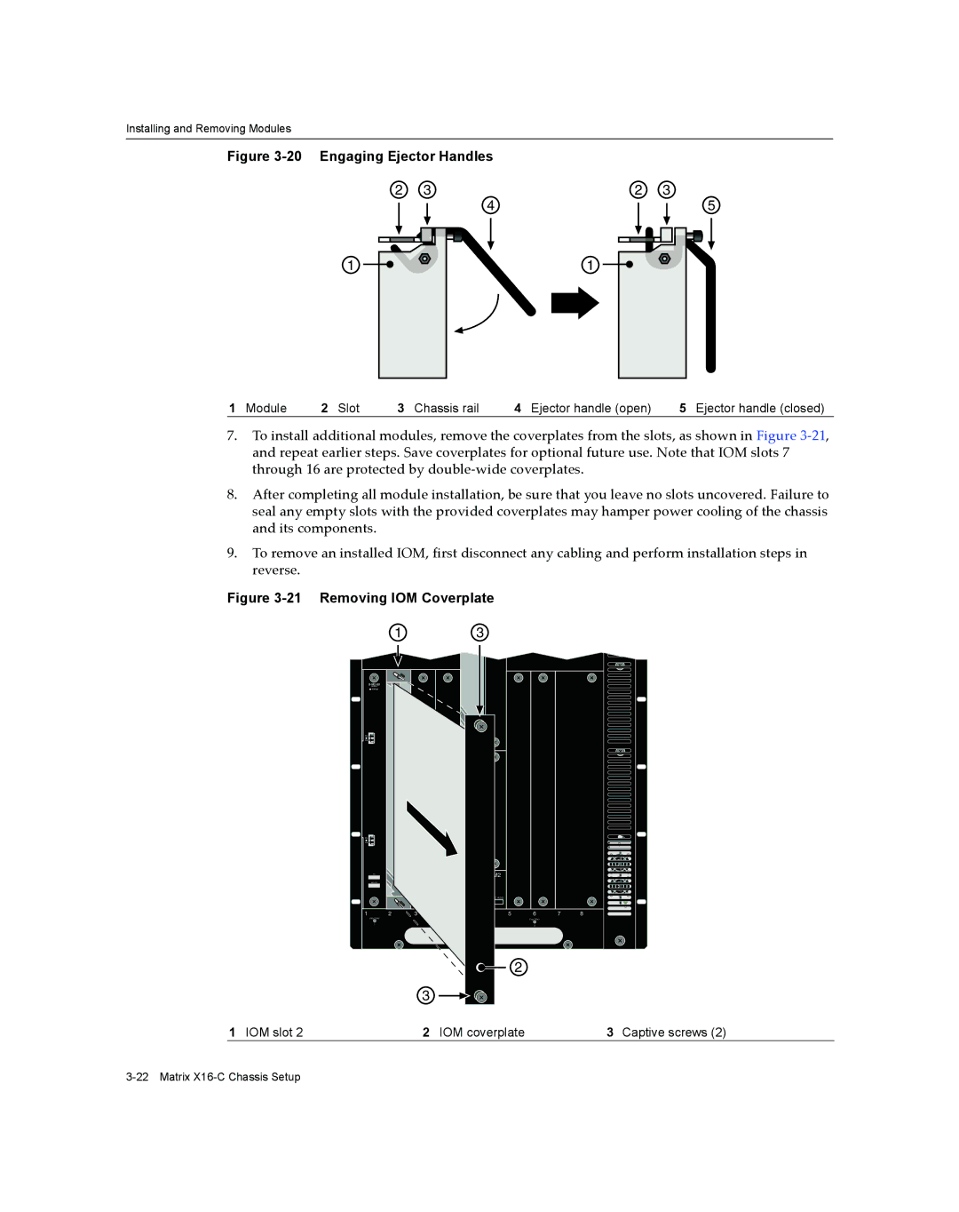 Enterasys Networks X16-C manual Engaging Ejector Handles, Removing IOM Coverplate 