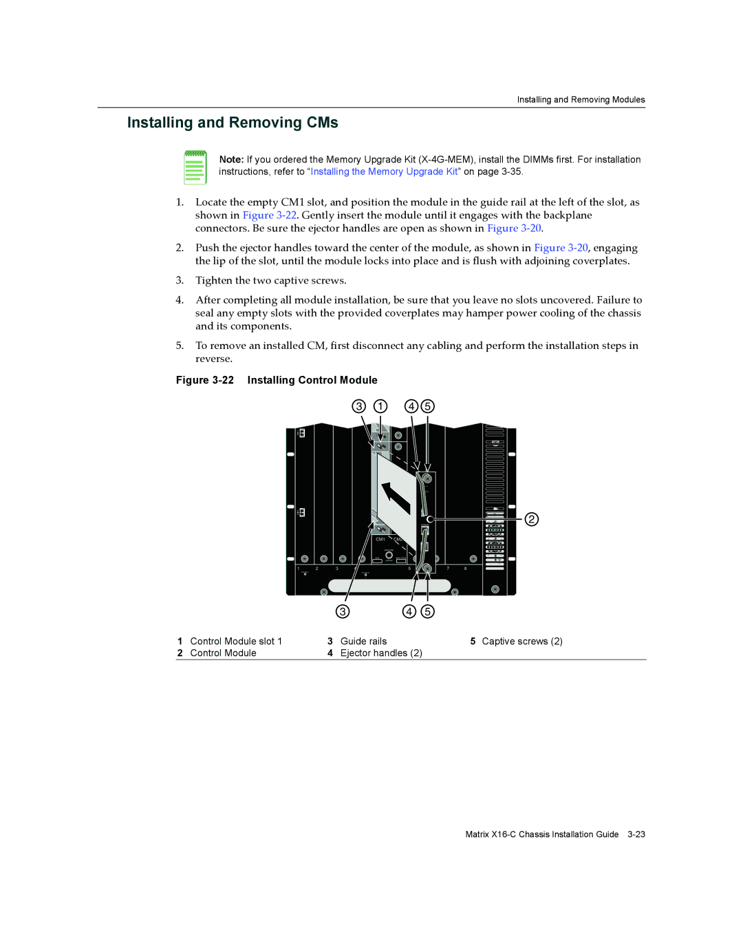 Enterasys Networks X16-C manual Installing and Removing CMs, Control Module slot Guide rails Captive screws 