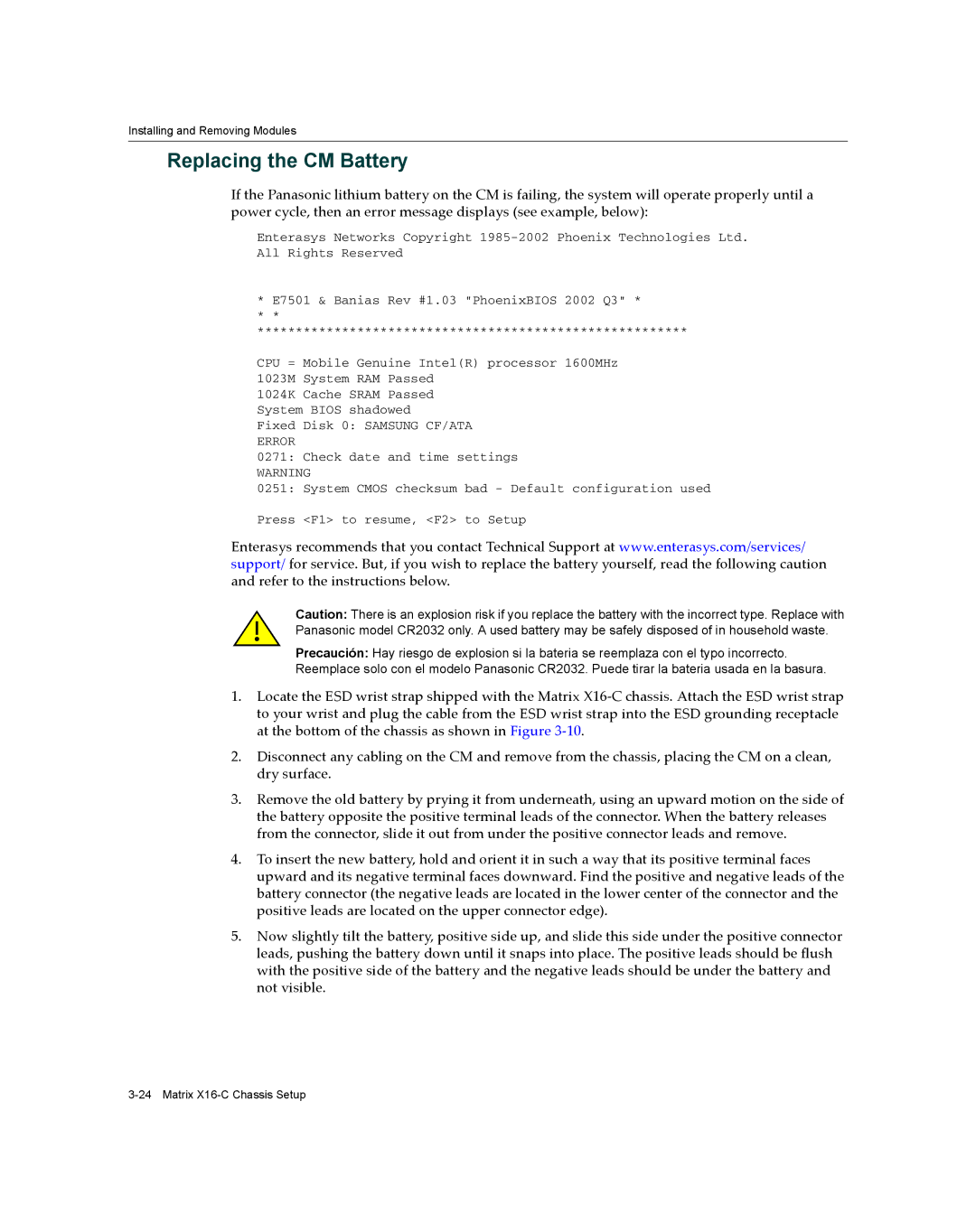 Enterasys Networks X16-C manual Replacing the CM Battery 