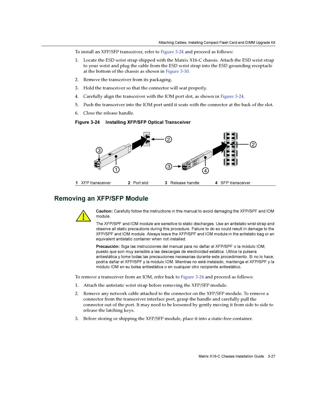 Enterasys Networks X16-C manual Removing an XFP/SFP Module, XFP transceiver Port slot Release handle SFP transceiver 