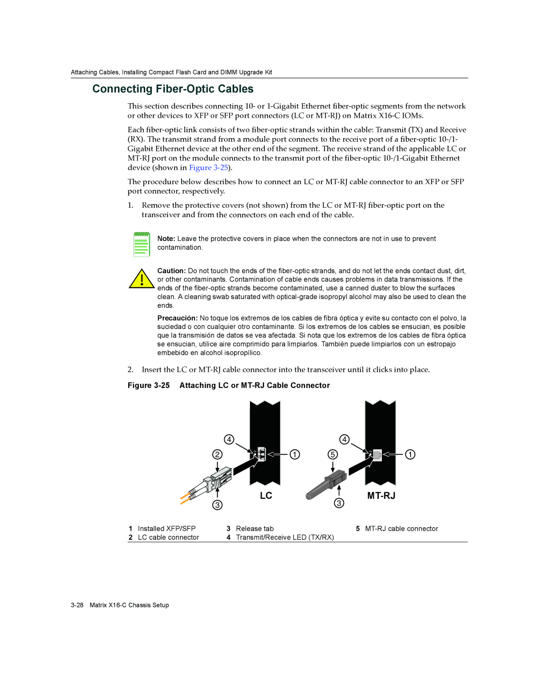 Enterasys Networks X16-C manual Connecting Fiber-Optic Cables, Attaching LC or MT-RJ Cable Connector 