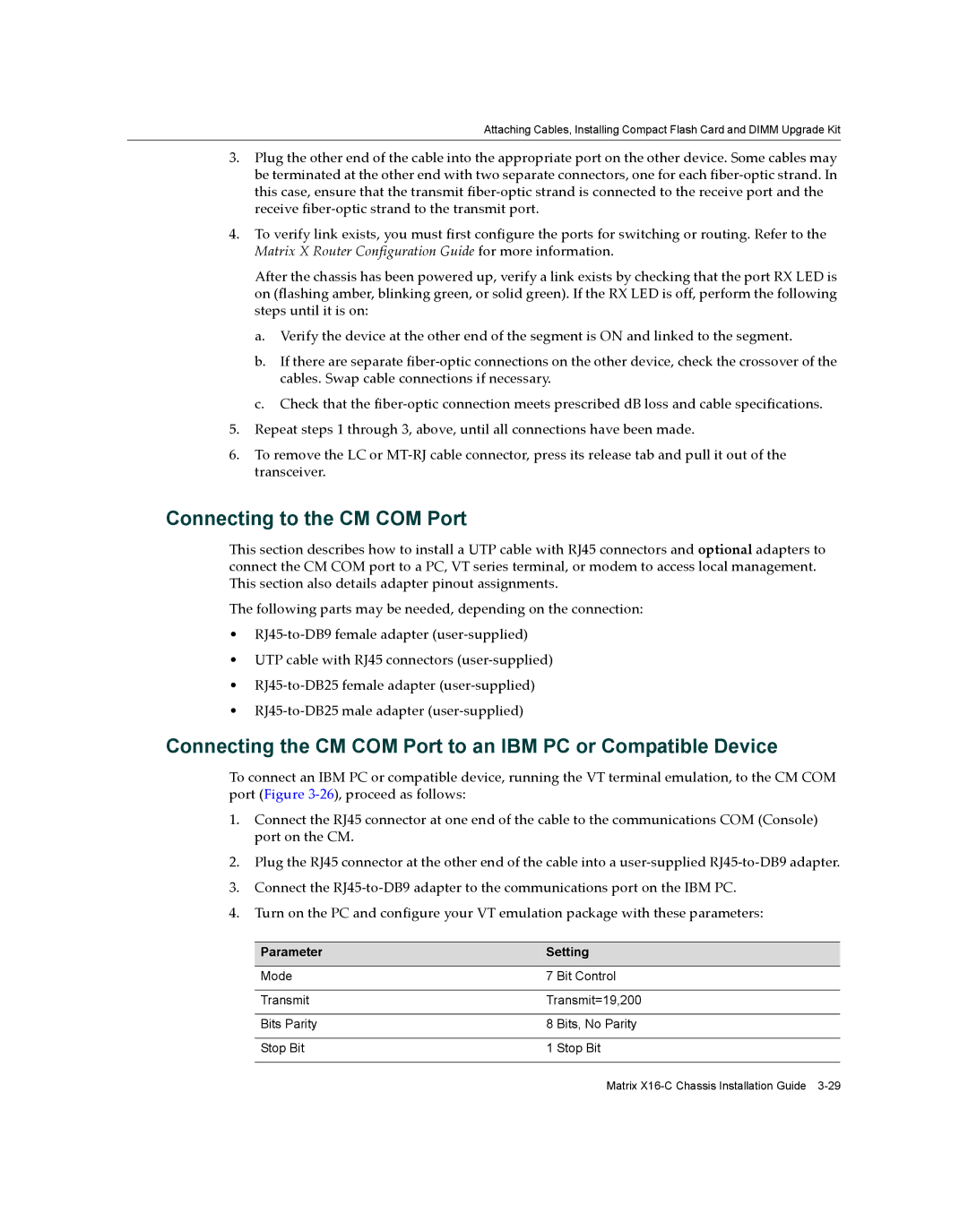 Enterasys Networks X16-C manual Connecting to the CM COM Port, Parameter Setting 