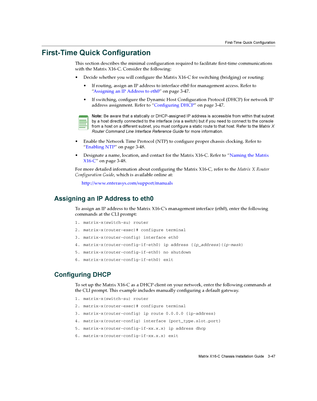 Enterasys Networks X16-C manual First-Time Quick Configuration, Assigning an IP Address to eth0, Configuring Dhcp 