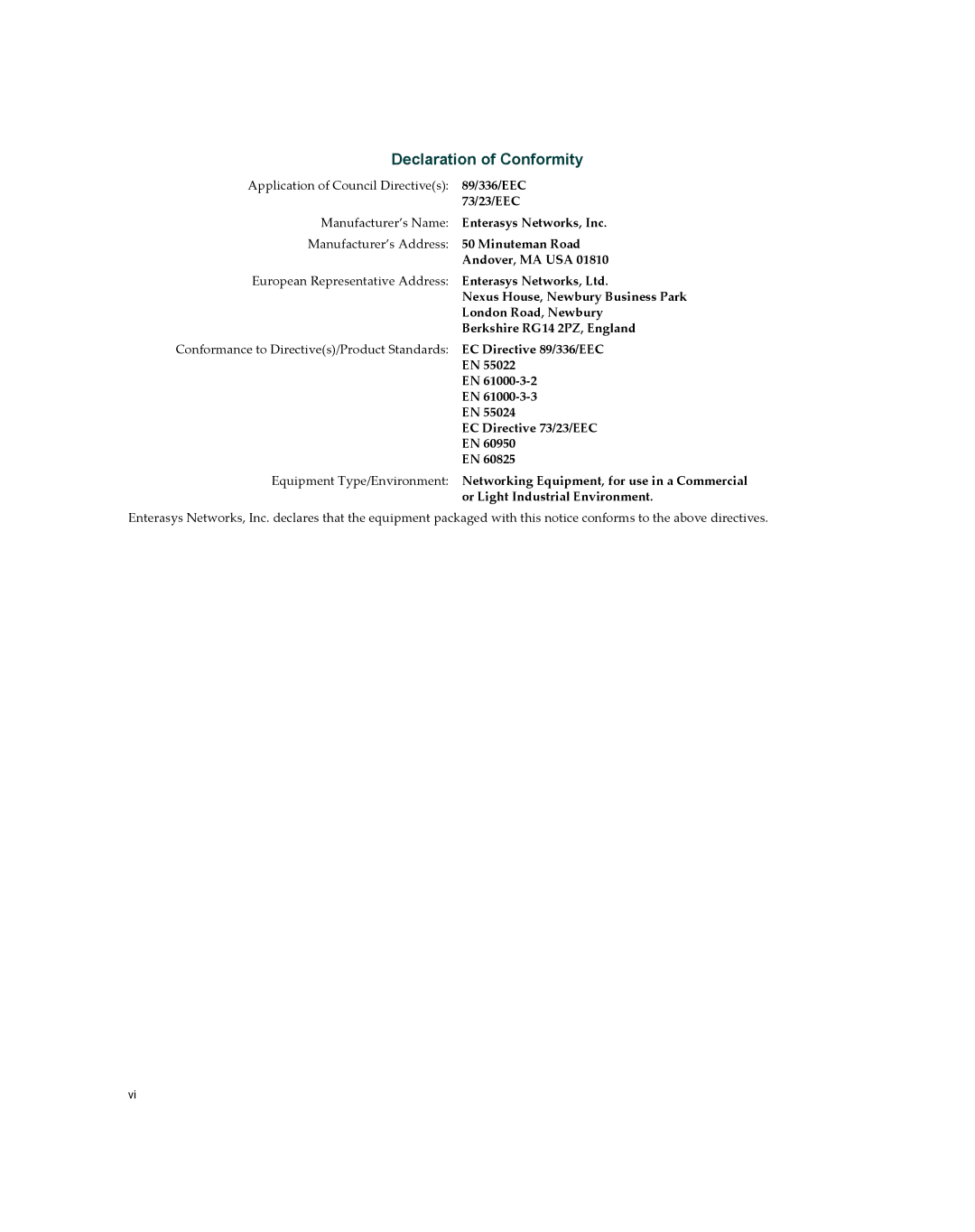 Enterasys Networks X16-C manual Declaration of Conformity 