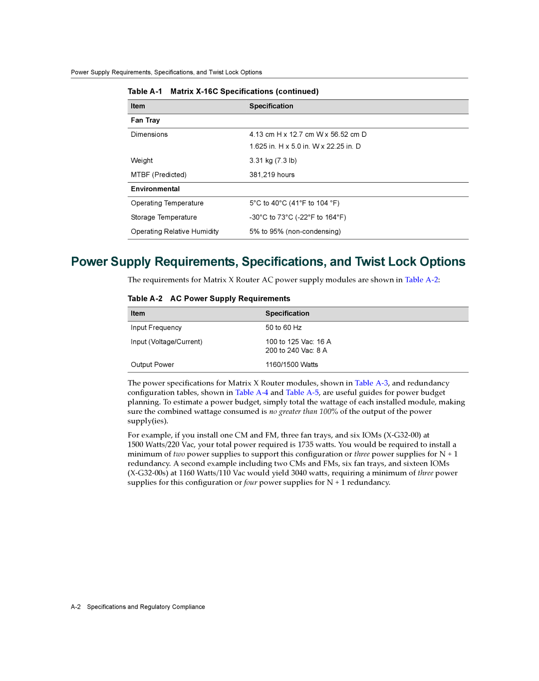 Enterasys Networks X16-C manual Table A-2 AC Power Supply Requirements, Fan Tray, Environmental 