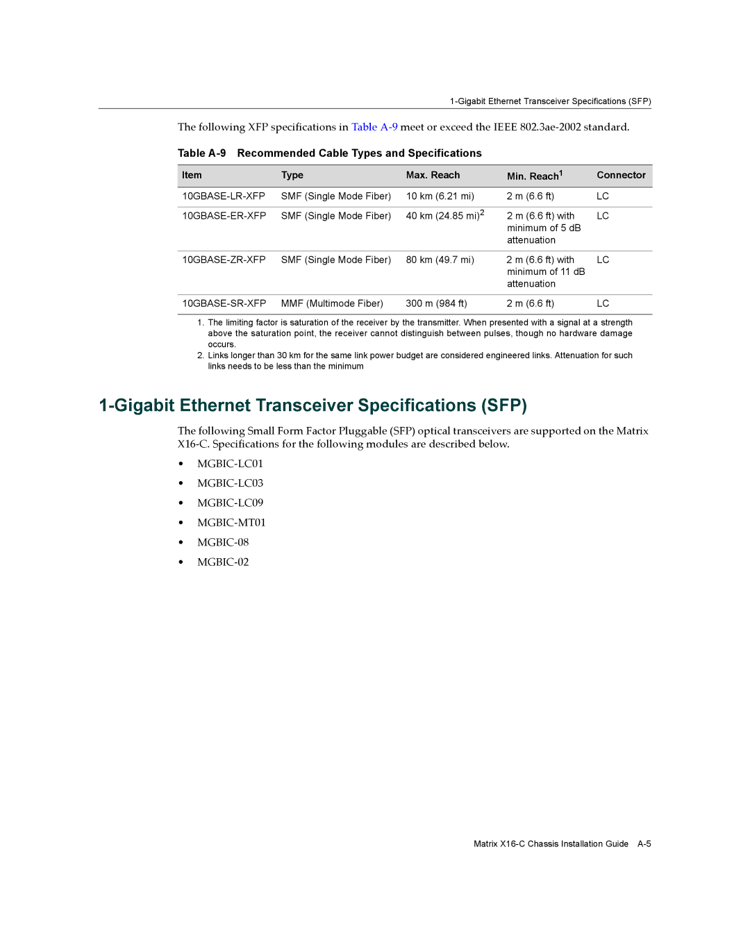 Enterasys Networks X16-C manual Gigabit Ethernet Transceiver Specifications SFP, Type Max. Reach Min. Reach1 Connector 