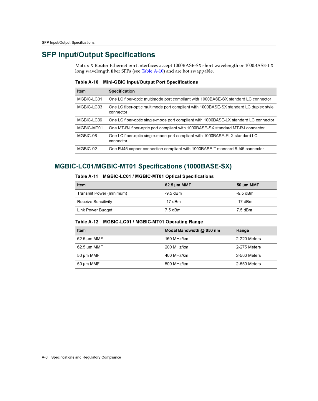 Enterasys Networks X16-C manual SFP Input/Output Specifications, MGBIC-LC01/MGBIC-MT01 Specifications 1000BASE-SX 