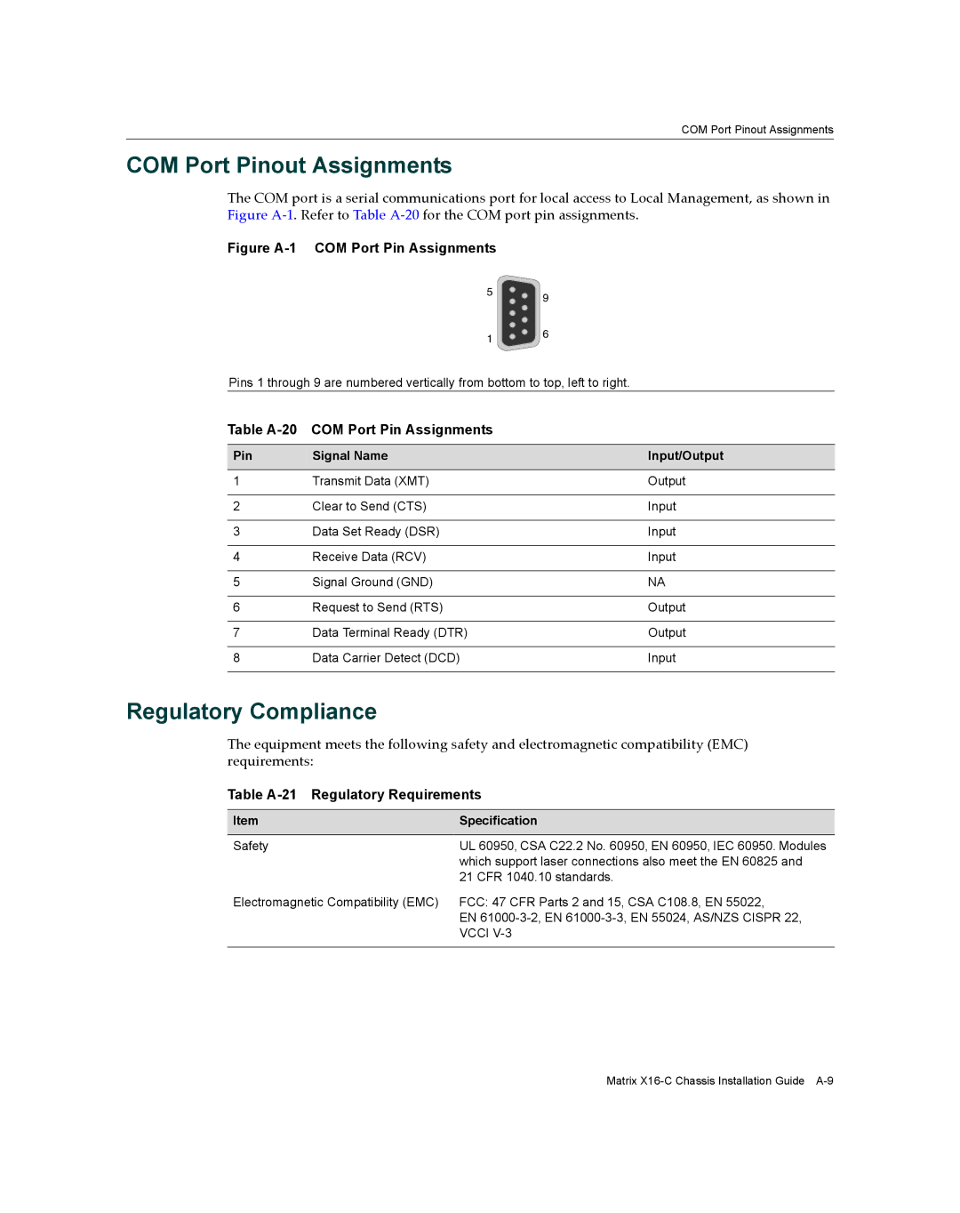 Enterasys Networks X16-C manual COM Port Pinout Assignments, Regulatory Compliance, Table A-20 COM Port Pin Assignments 