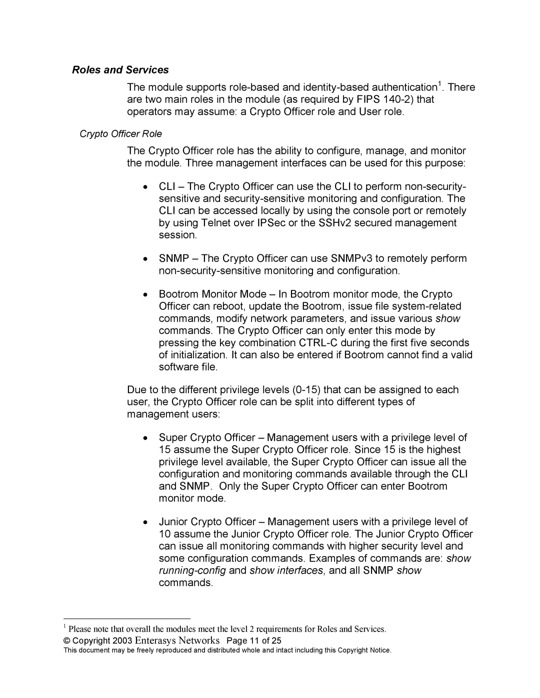 Enterasys Networks XSR-3250, XSR-1805, XSR-1850 manual Roles and Services, Copyright 2003 Enterasys Networks Page 11 