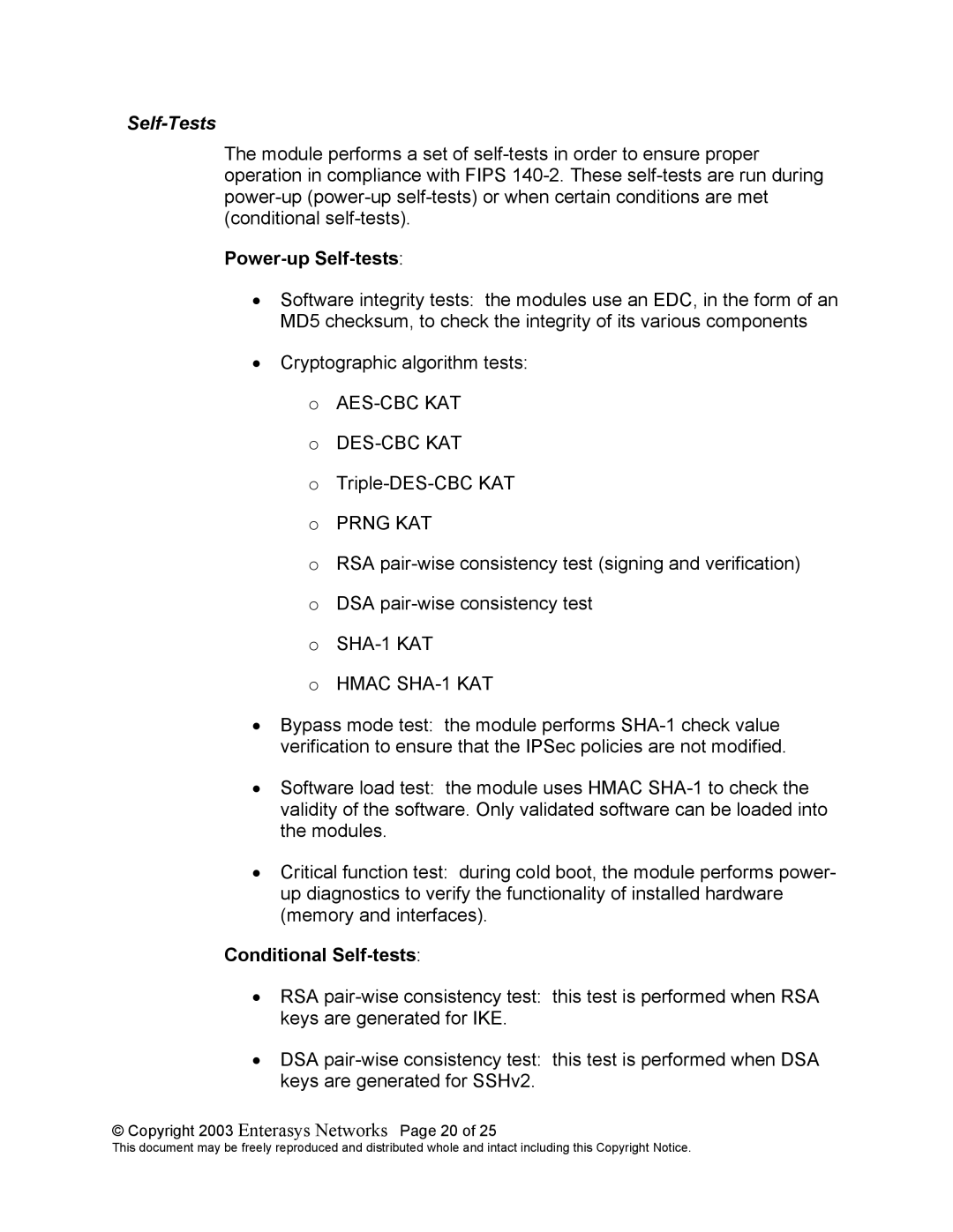 Enterasys Networks XSR-3250, XSR-1805, XSR-1850 manual Self-Tests, Copyright 2003 Enterasys Networks Page 20 