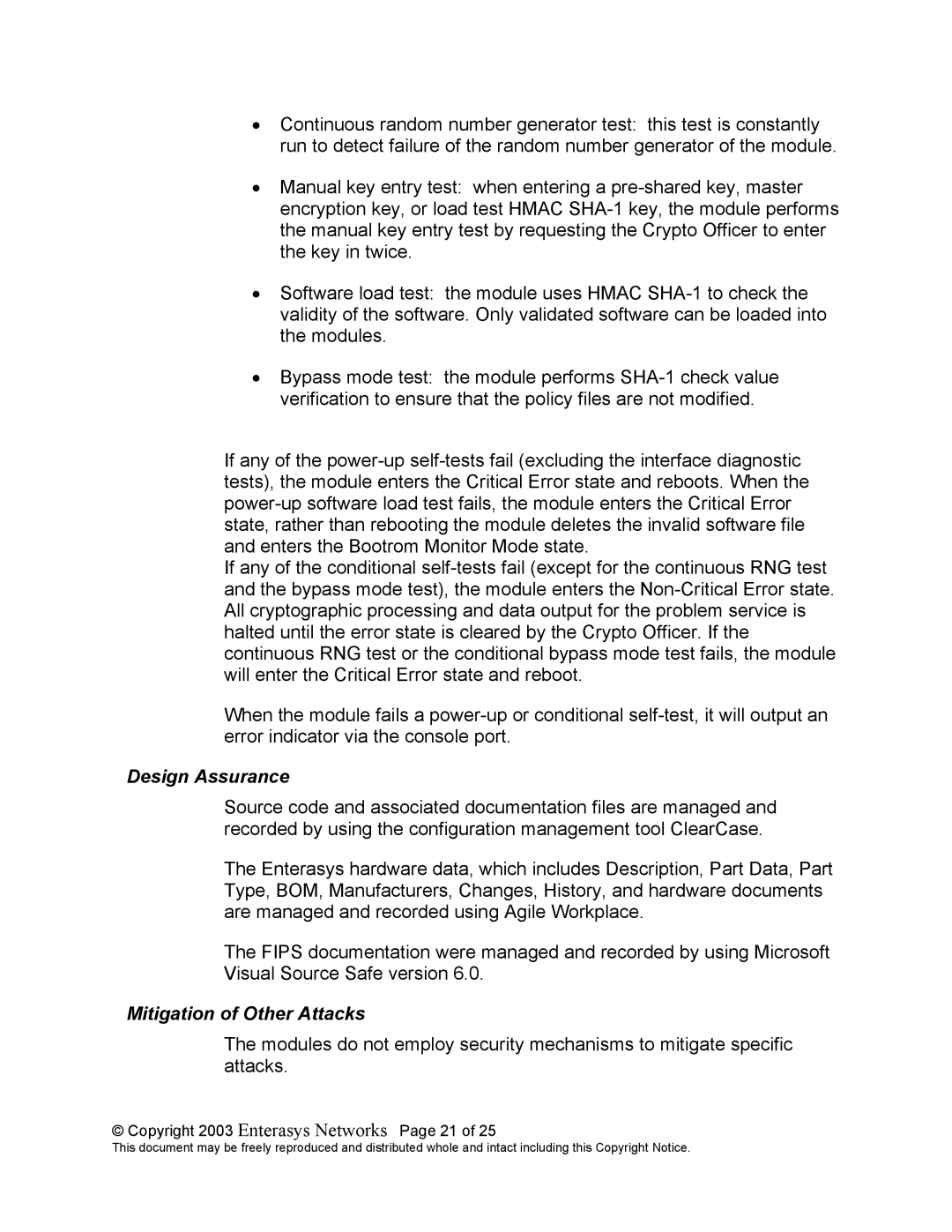 Enterasys Networks XSR-1805 manual Design Assurance, Mitigation of Other Attacks, Copyright 2003 Enterasys Networks Page 21 