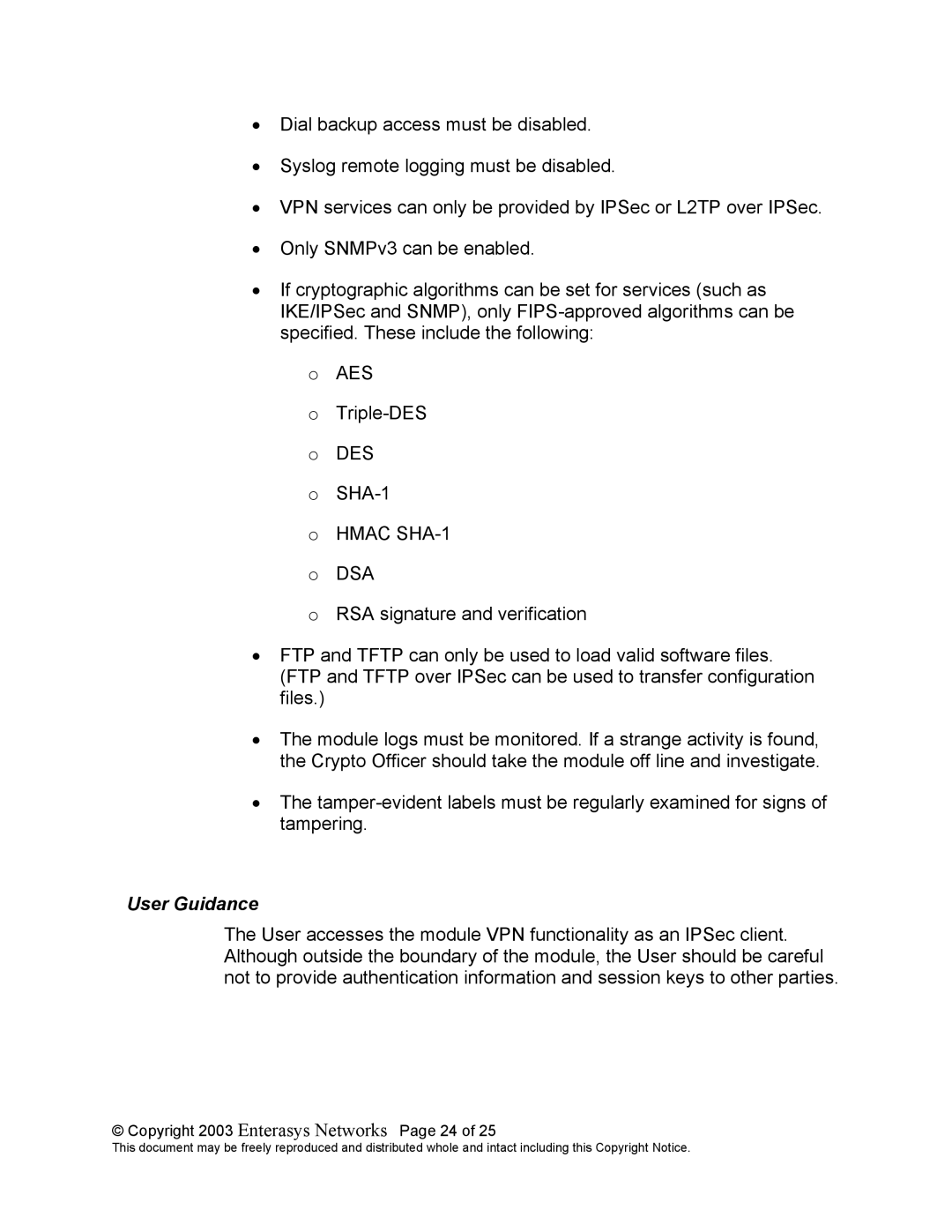 Enterasys Networks XSR-1805, XSR-1850, XSR-3250 manual User Guidance, Copyright 2003 Enterasys Networks Page 24 